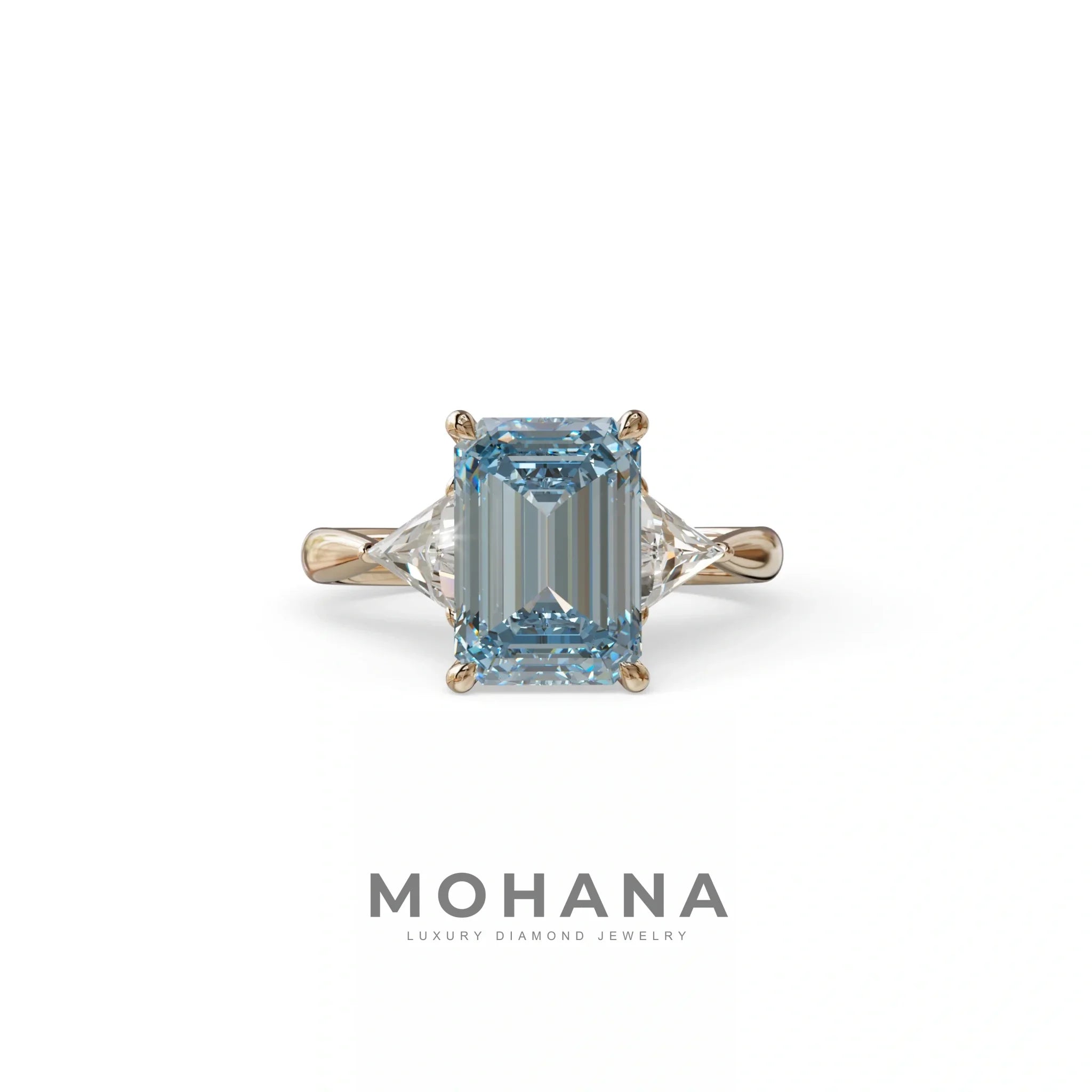 3Ct Vivid Blue Emerald Cut Lab Grown Diamond Three stone Engagement Ring - Polaris - 10K Solid Gold / Rose Gold