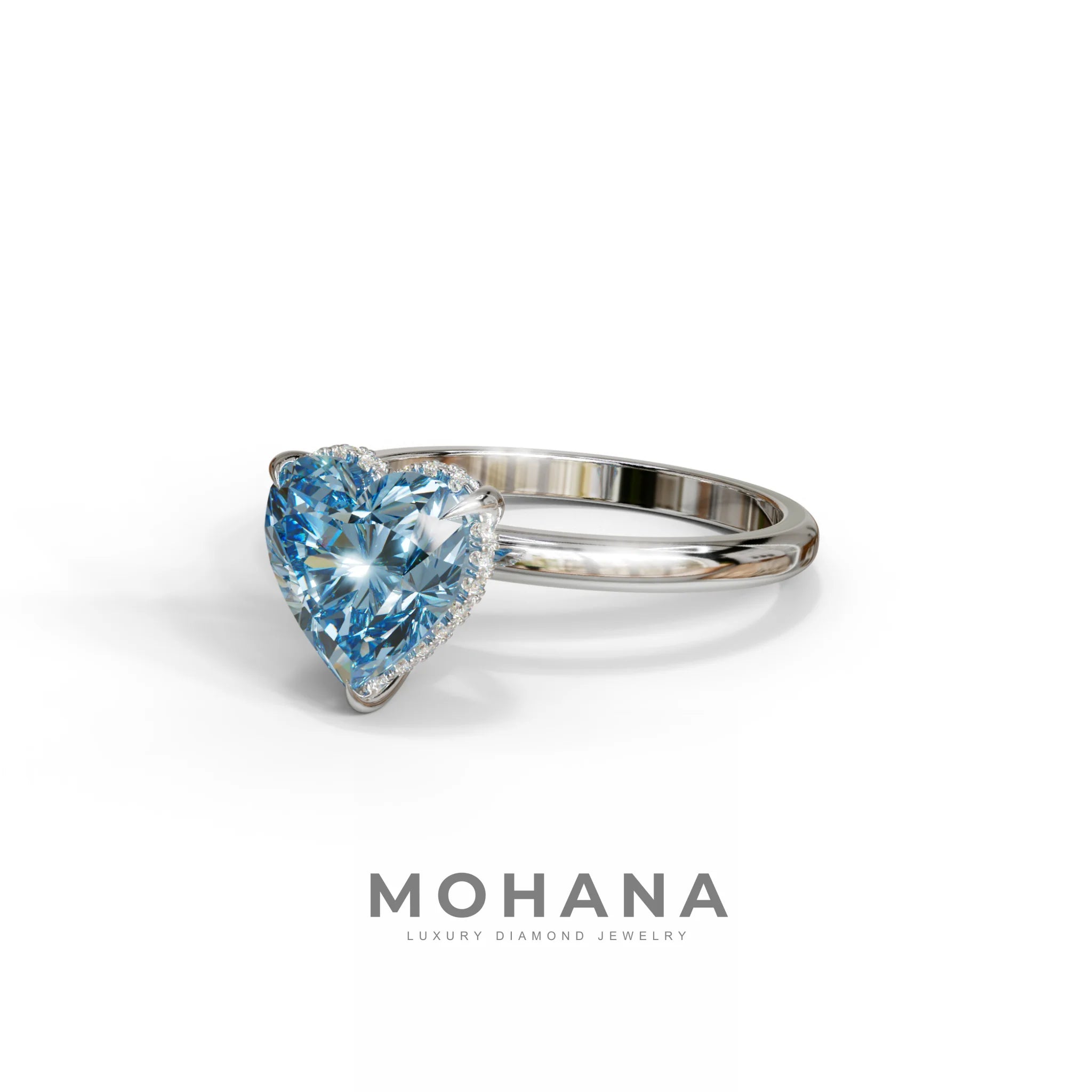 3 Carat Blue Heart Cut Hidden Halo Set Lab Grown Diamond Engagement Ring