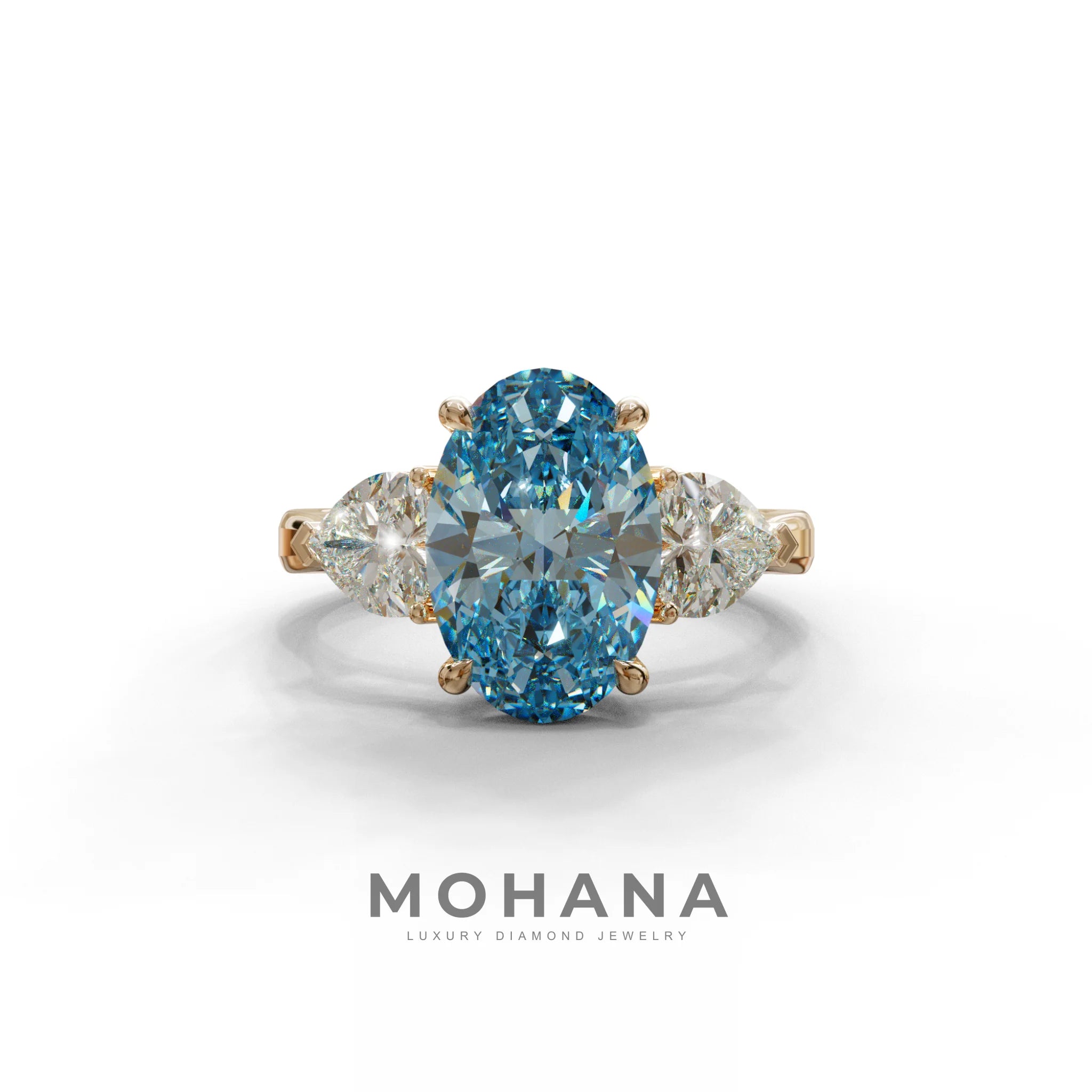 4 Ct Blue Oval & Heart Shape 3 Stone Engagement Diamond Ring - Lucid - 10K Solid Gold / Rose Gold