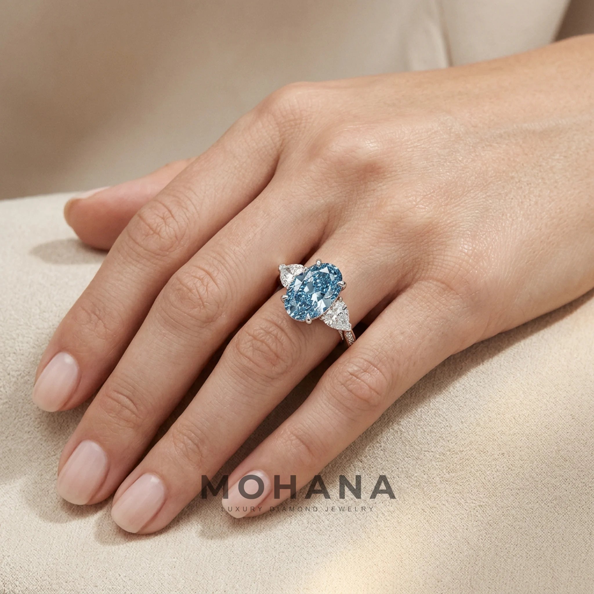 3 Carat Blue Oval Lab Grown Diamond Engagement Ring Three Stone Heart Cut
