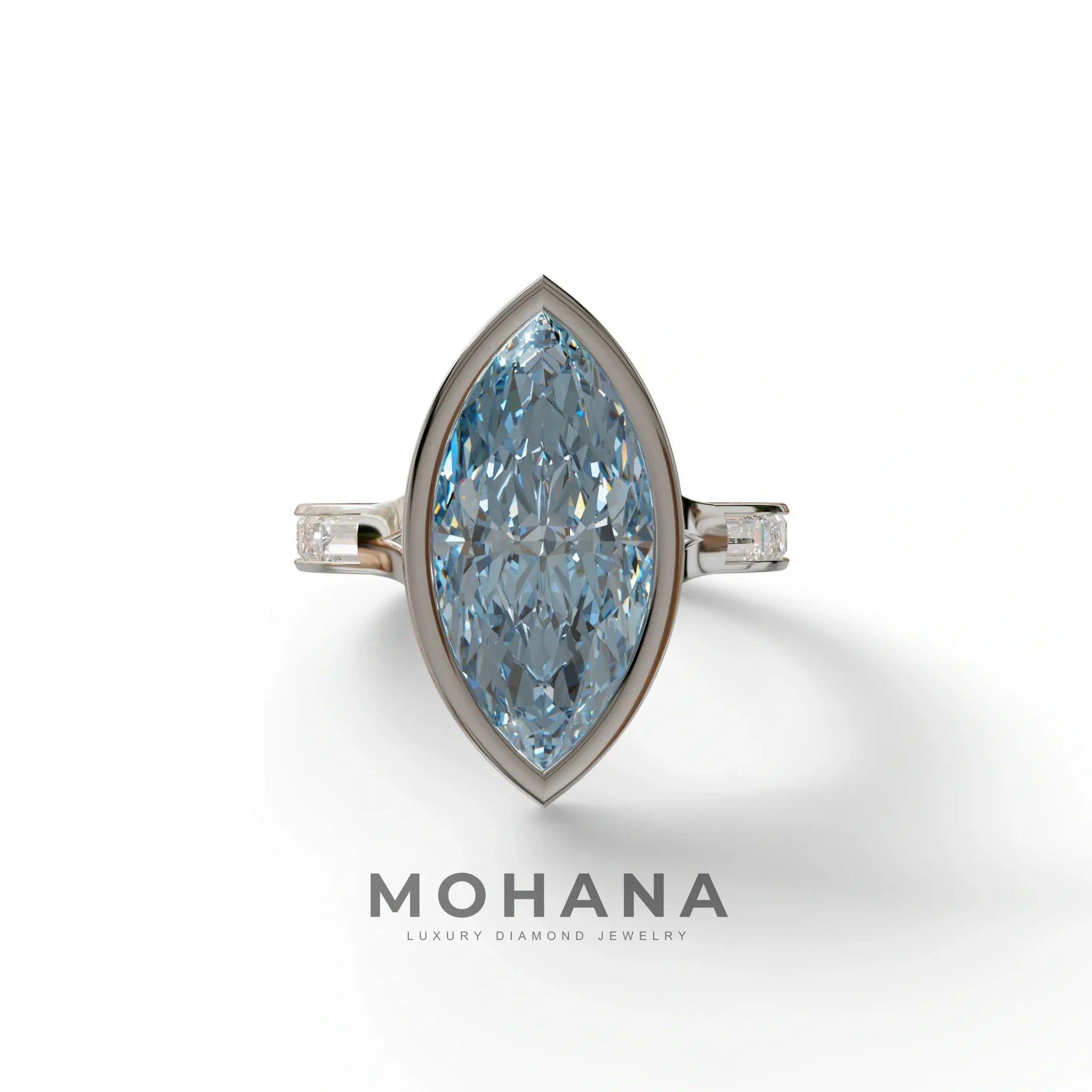 3 Ct Marquis Cut Blue Color Lab Diamond Ring With Bezel Set - Kayla - 10K Solid Gold / White Gold