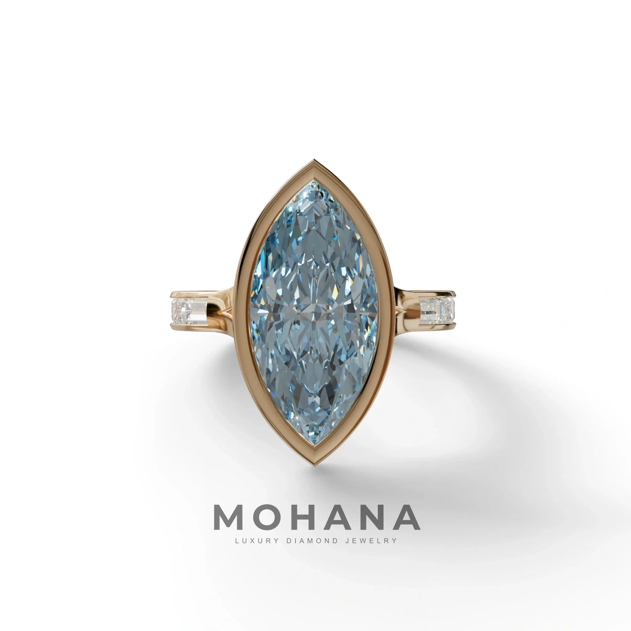 3 Ct Marquis Cut Blue Color Lab Diamond Ring With Bezel Set - Kayla - 10K Solid Gold / Rose Gold
