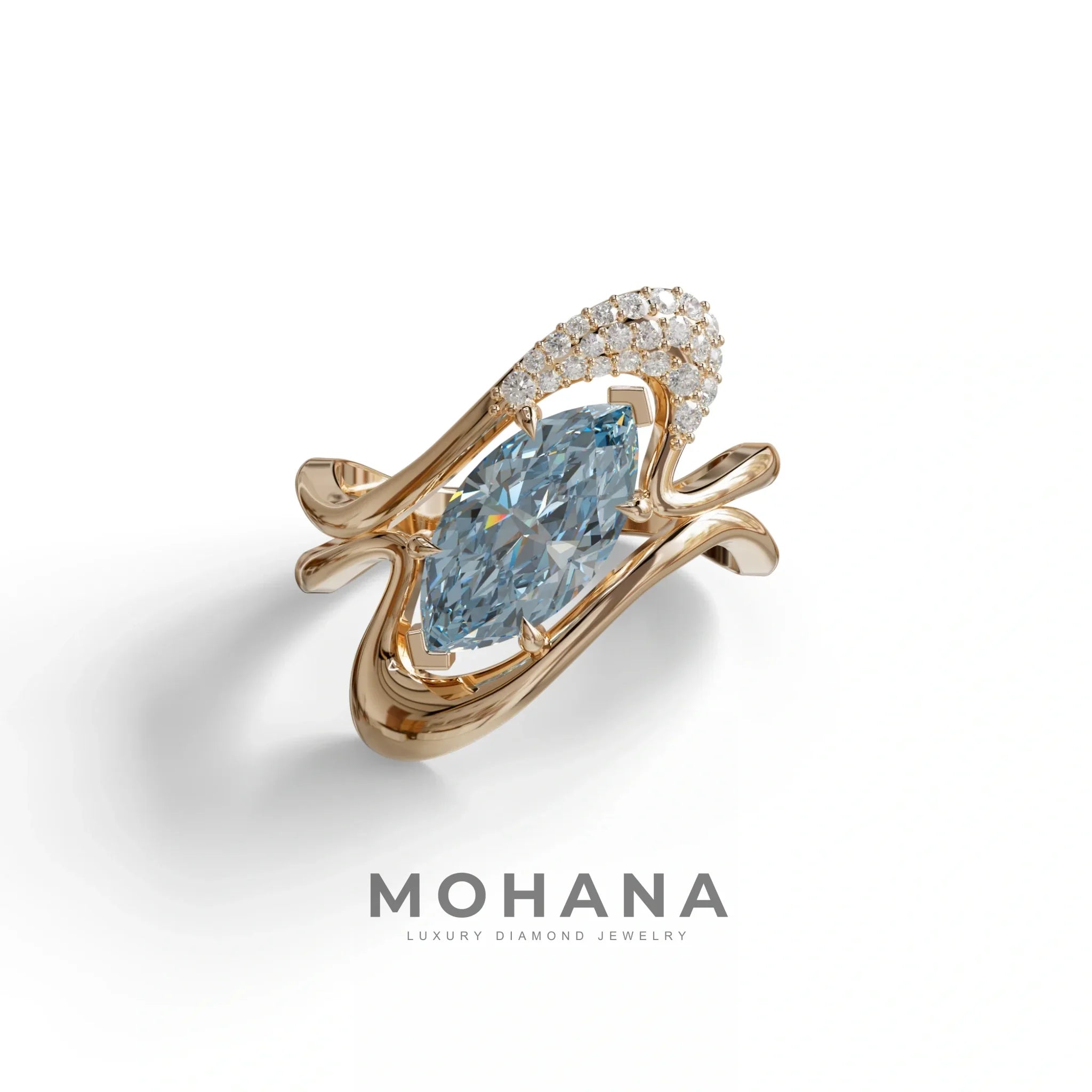 3 Carat Marquise Cut Blue Lab Diamond Curve Ring - Myka - 10K Solid Gold / Rose Gold
