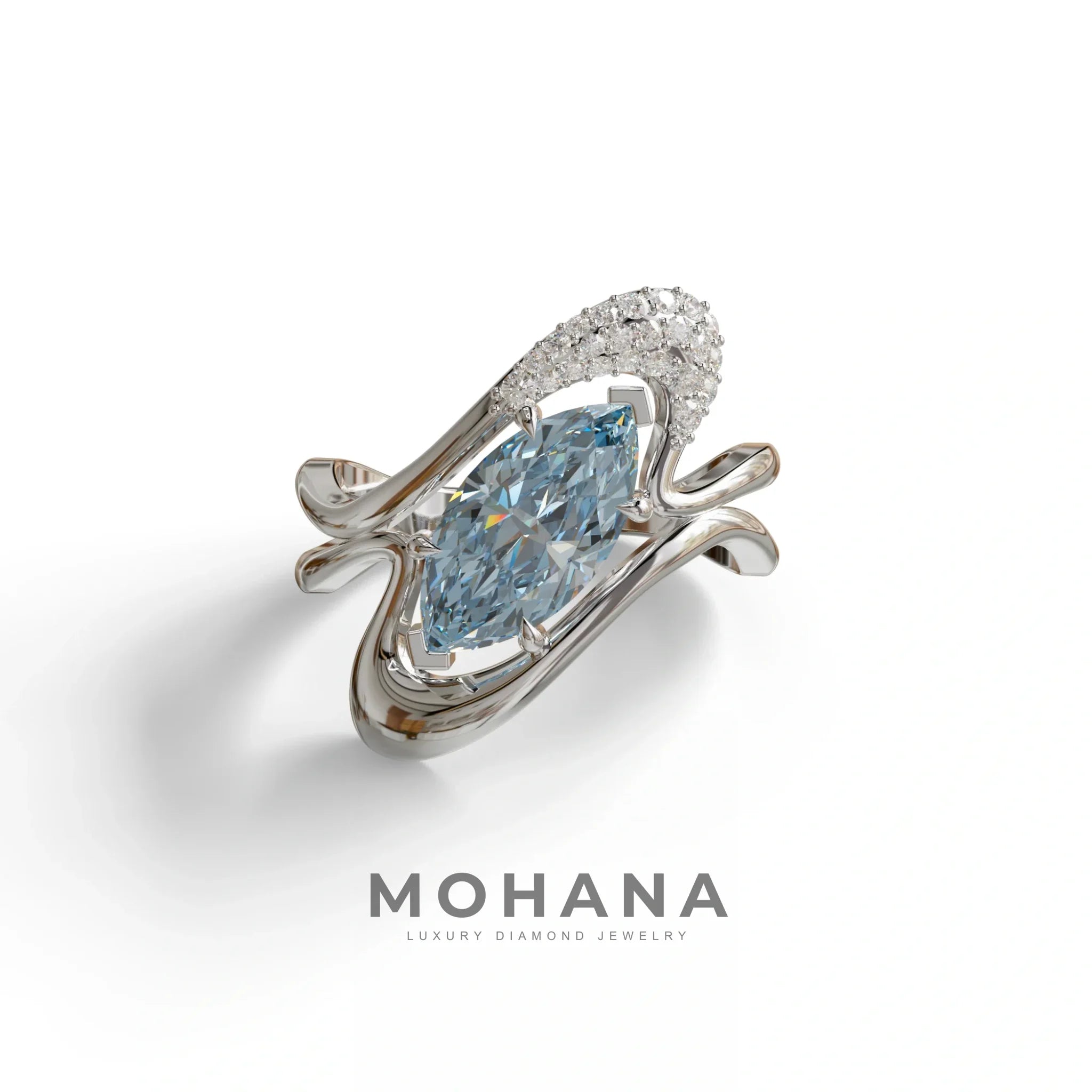 3 Carat Marquise Cut Blue Lab Diamond Curve Ring - Myka - 10K Solid Gold / White Gold
