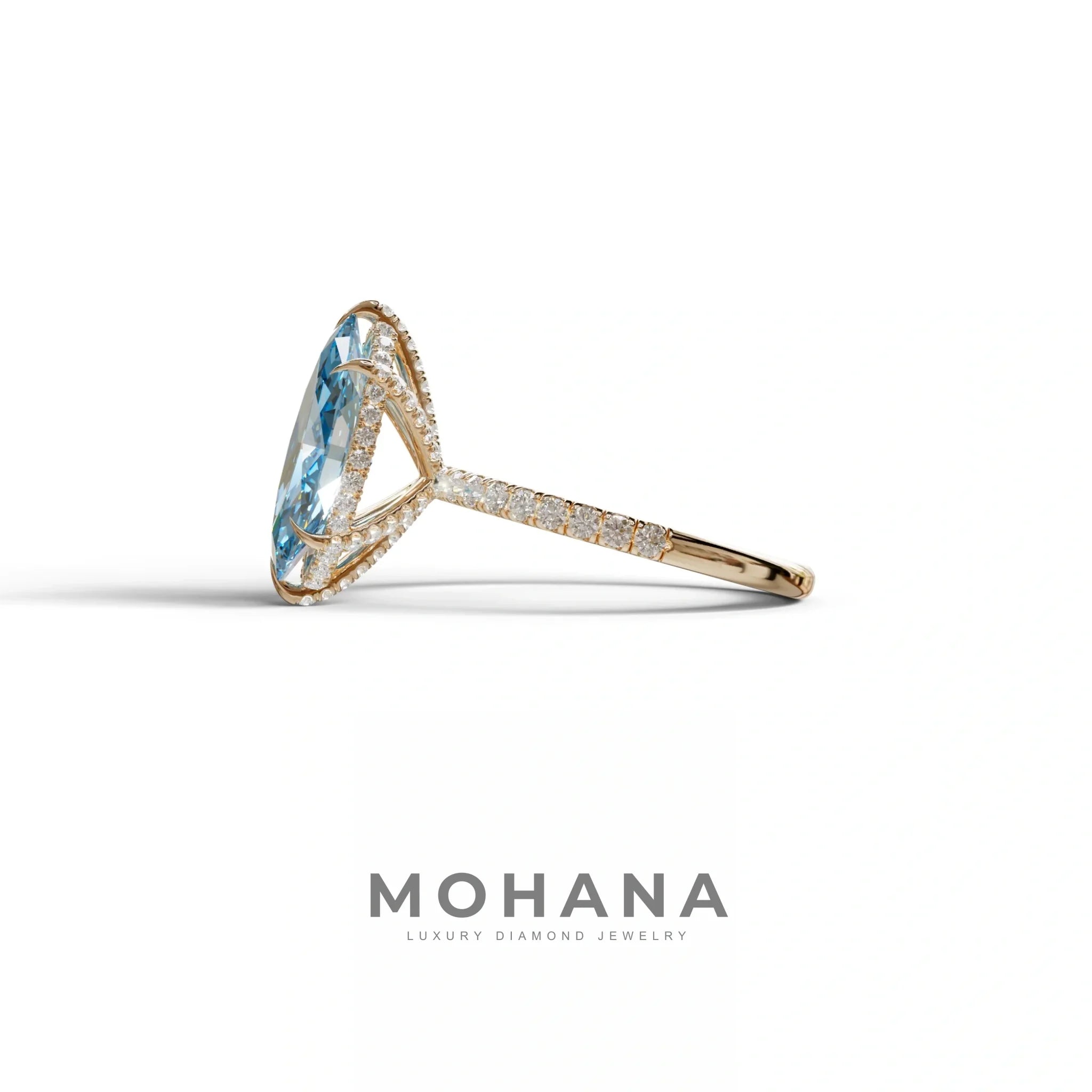 3 Carat Blue Marquise Cut Lab Diamond In Hidden Halo & Pave Setting Ring