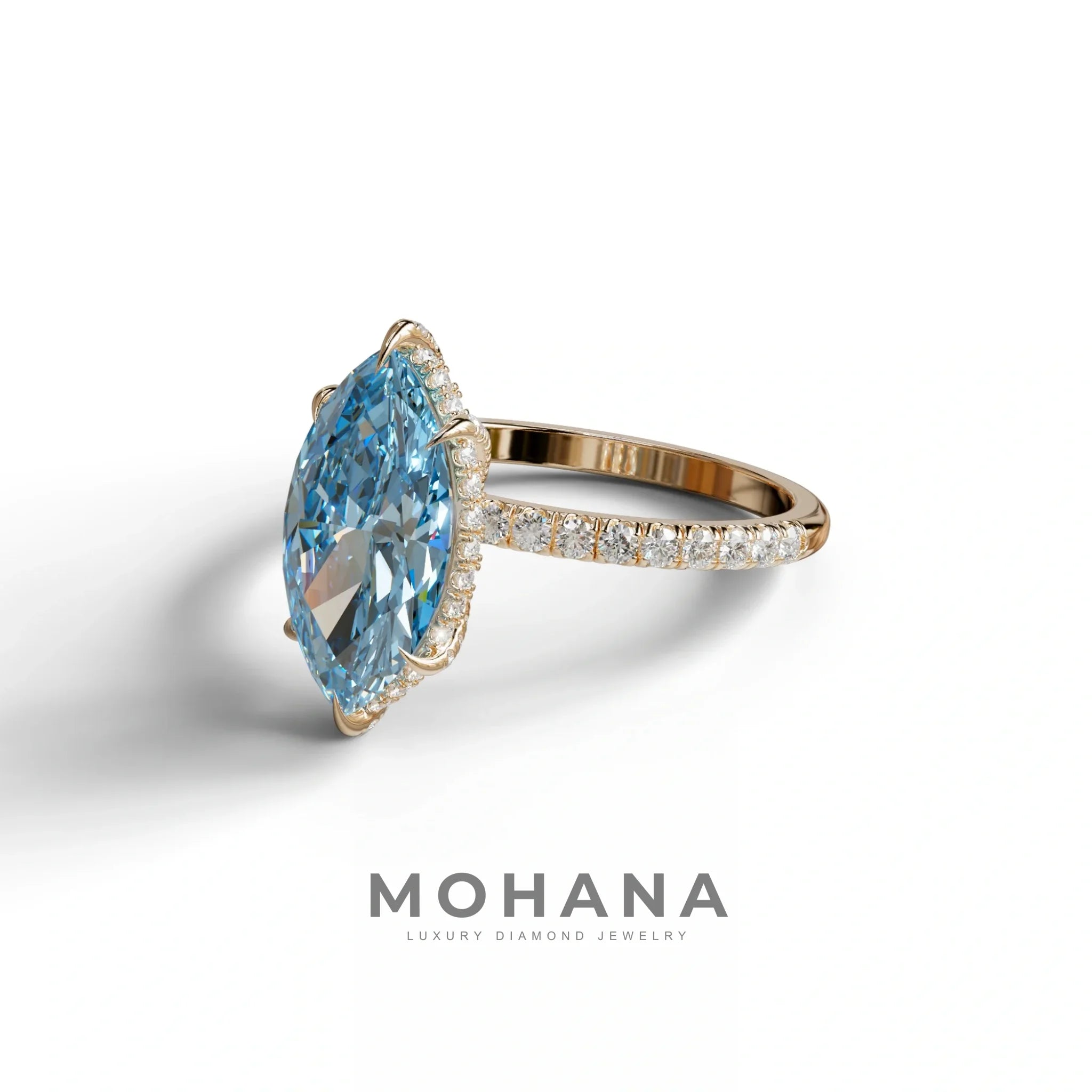 3 Carat Blue Marquise Cut Lab Diamond In Hidden Halo & Pave Setting Ring