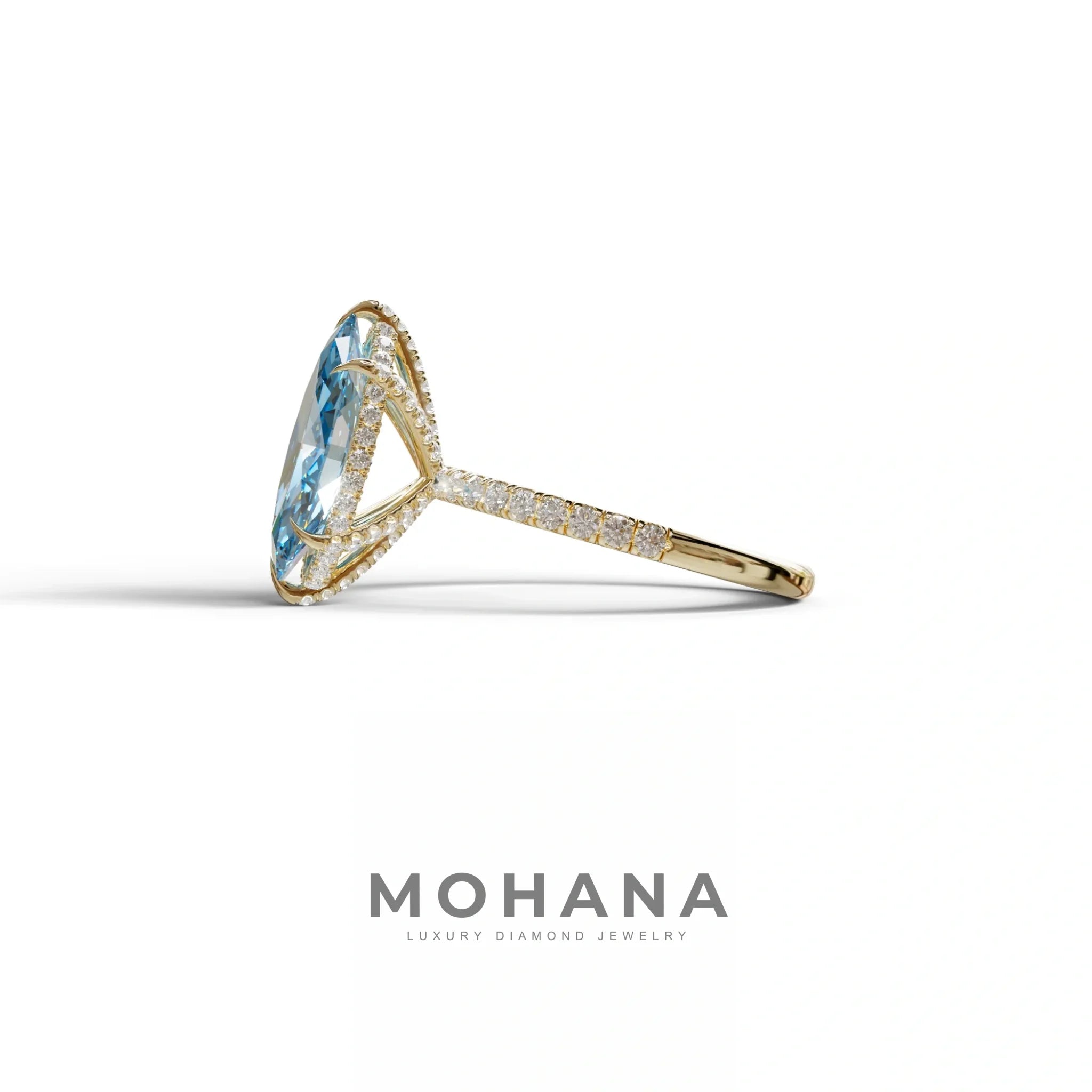 3 Carat Blue Marquise Cut Lab Diamond In Hidden Halo & Pave Setting Ring