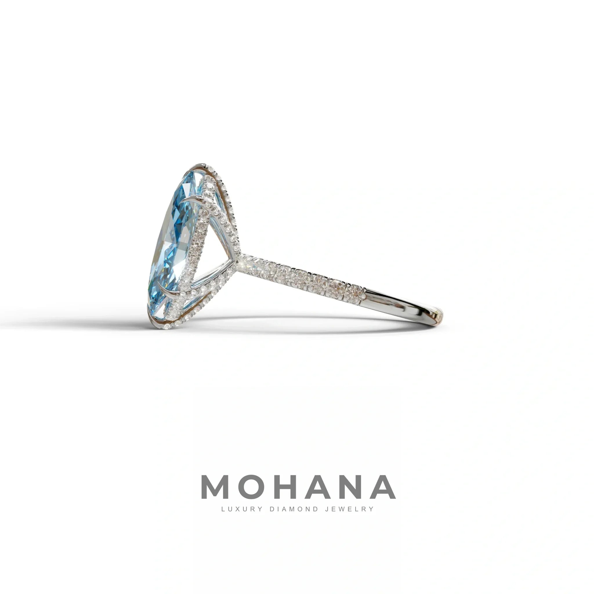3 Carat Blue Marquise Cut Lab Diamond In Hidden Halo & Pave Setting Ring