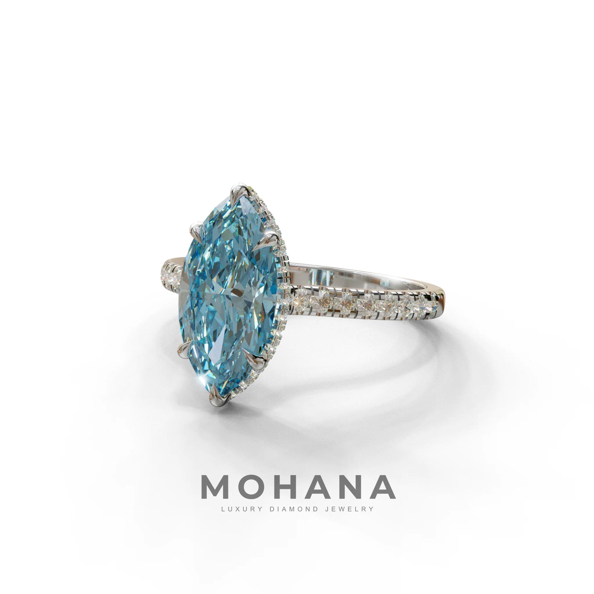 3 Carat Blue Marquise Cut Hidden Halo & Pave Set Lab Diamond Ring - Eblouissant