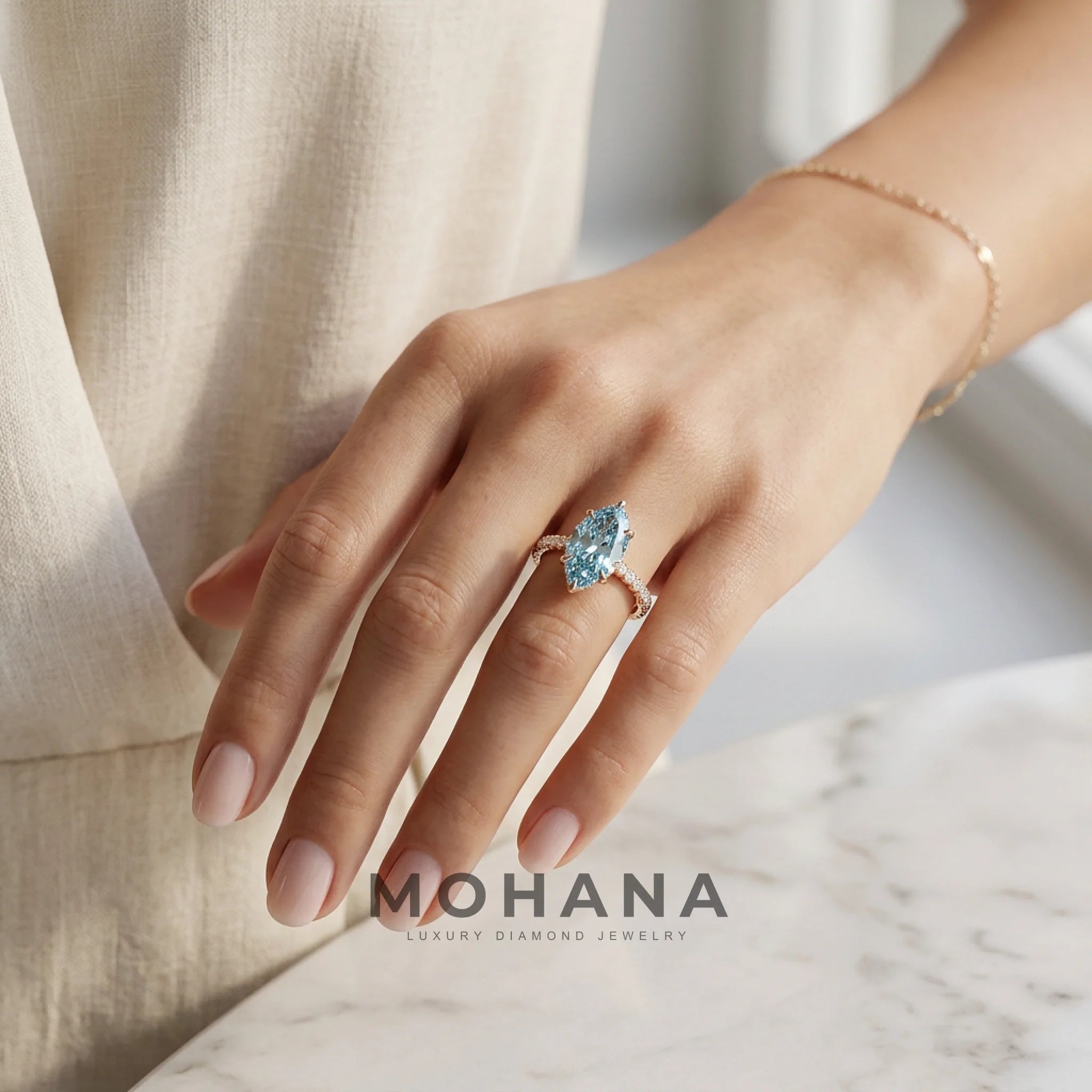 3 Carat Fancy Blue Marquise Hidden Halo Lab Grown Diamond Engagement Ring