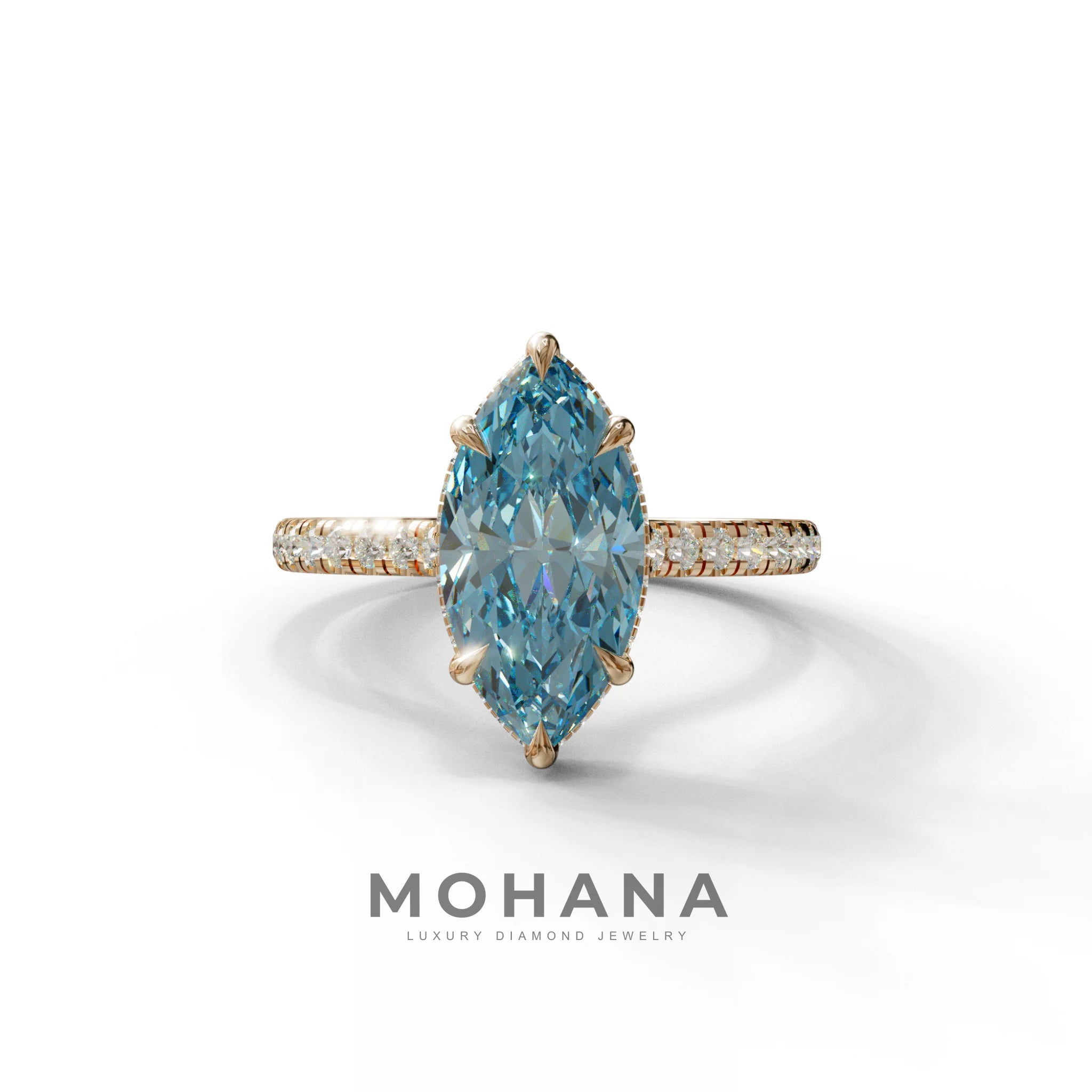 3 Carat Blue Marquise Cut Hidden Halo & Pave Set Lab Diamond Ring - Eblouissant - 10K Solid Gold / Rose Gold