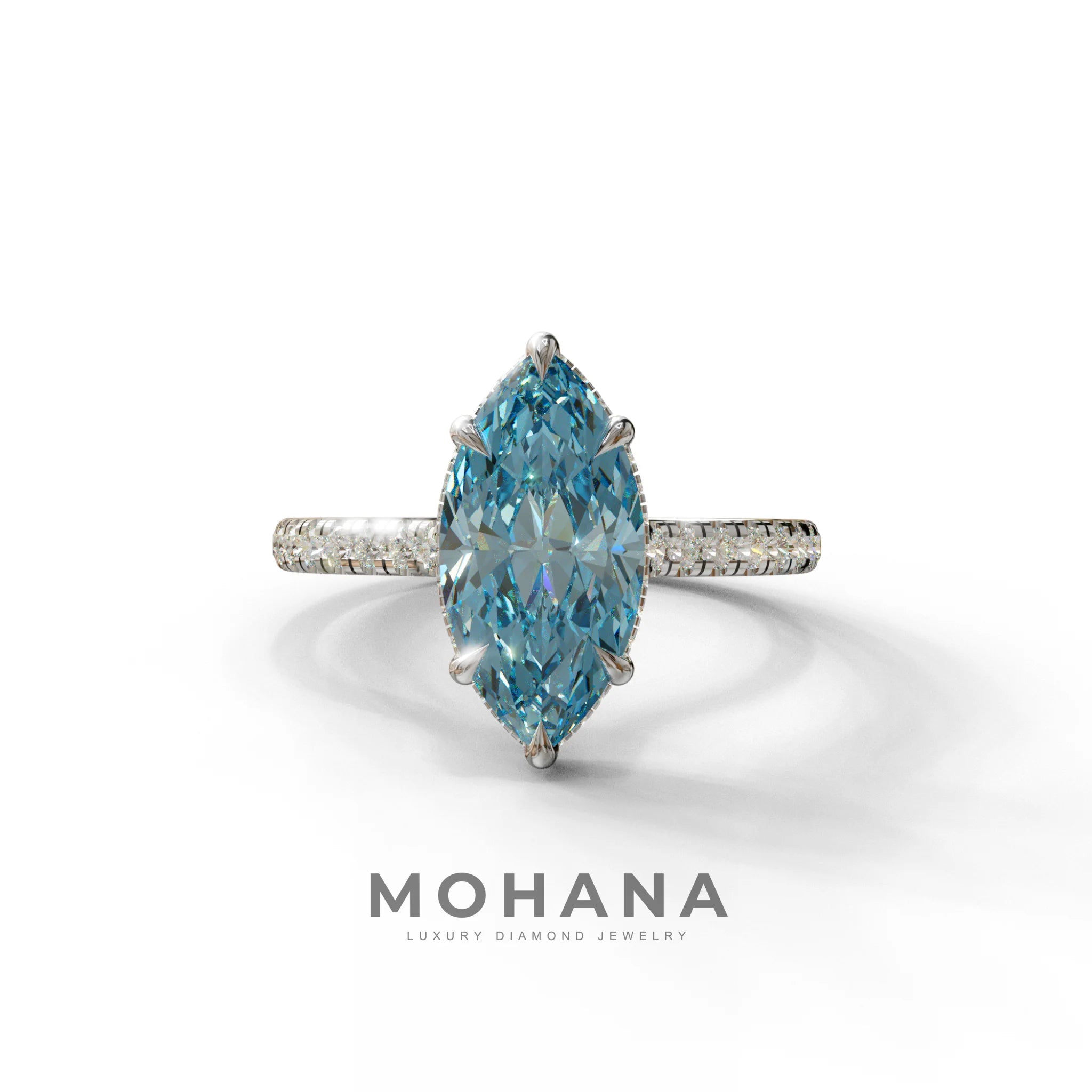 3 Carat Blue Marquise Cut Hidden Halo & Pave Set Lab Diamond Ring - Eblouissant - 10K Solid Gold / White Gold