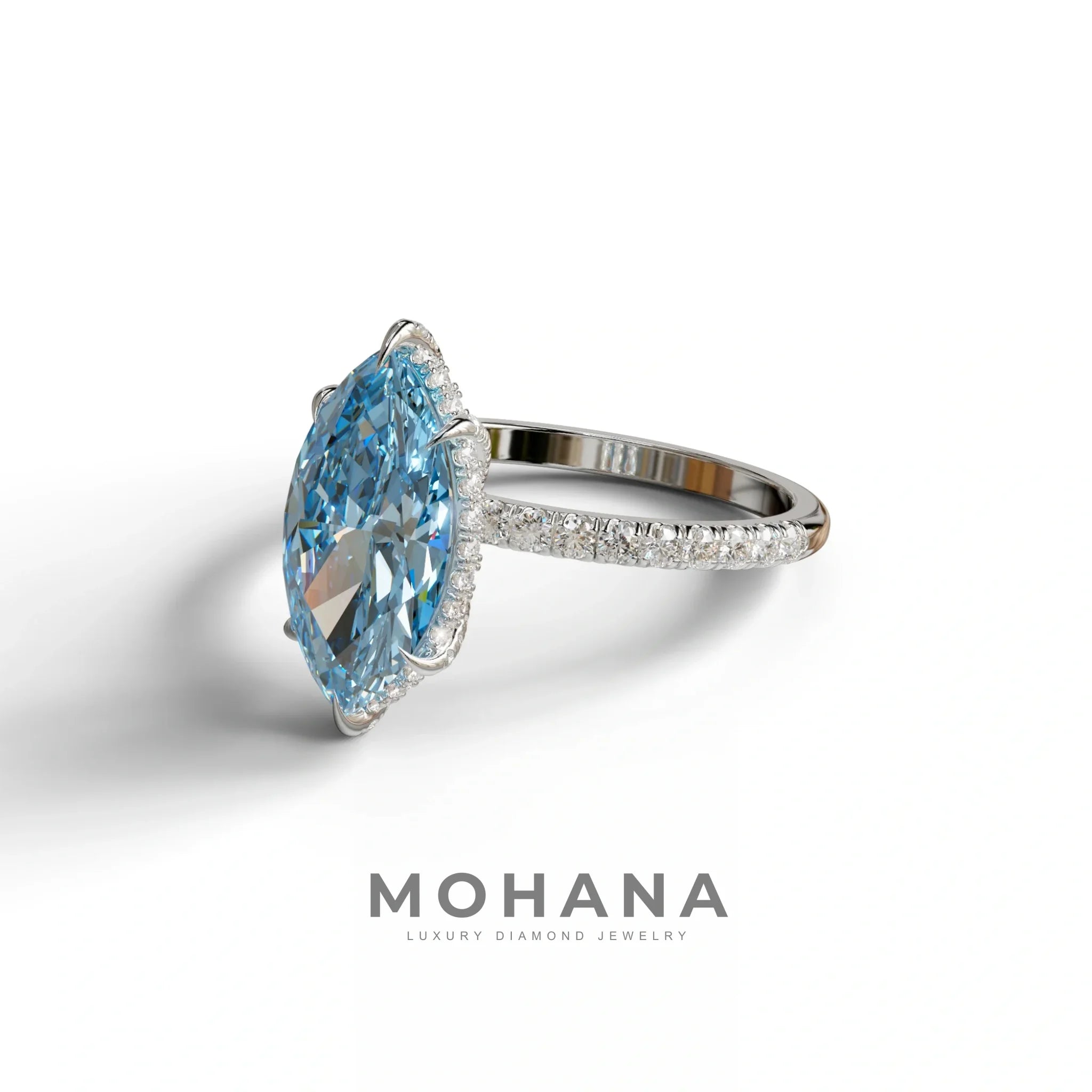 3 Carat Blue Marquise Cut Lab Diamond In Hidden Halo & Pave Setting Ring