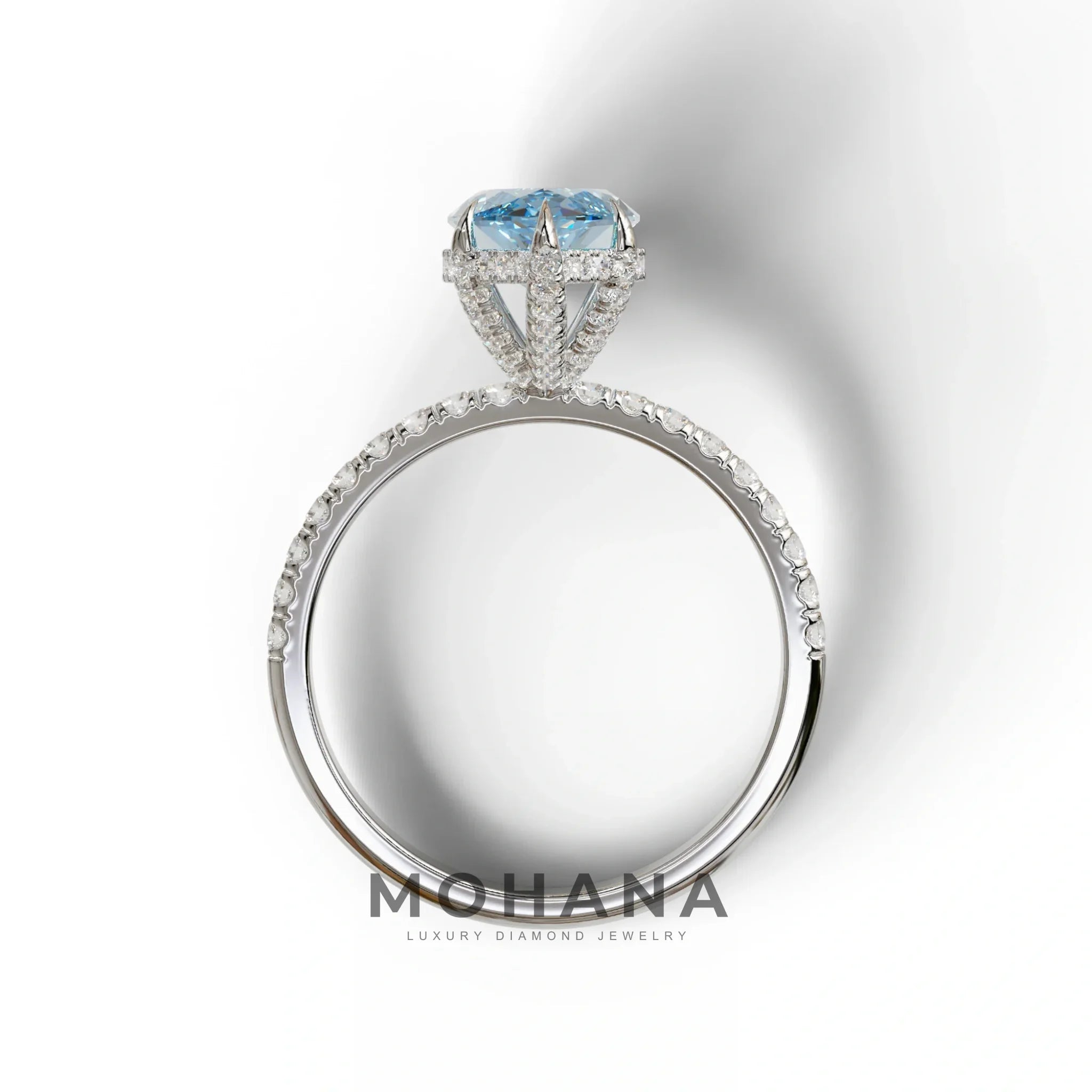 3 Carat Blue Marquise Cut Lab Diamond In Hidden Halo & Pave Setting Ring