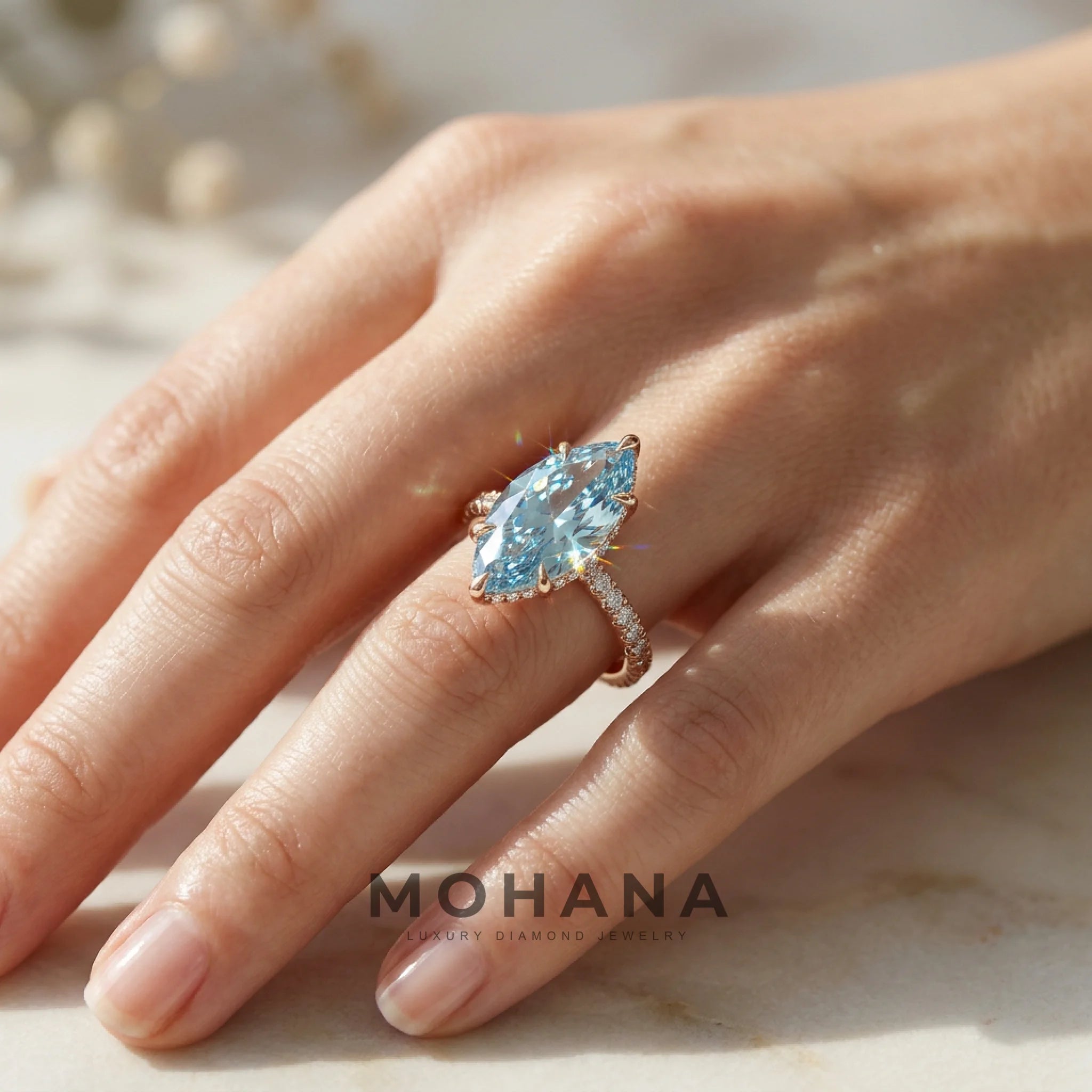 3 Carat Fancy Blue Marquise Hidden Halo Lab Grown Diamond Engagement Ring