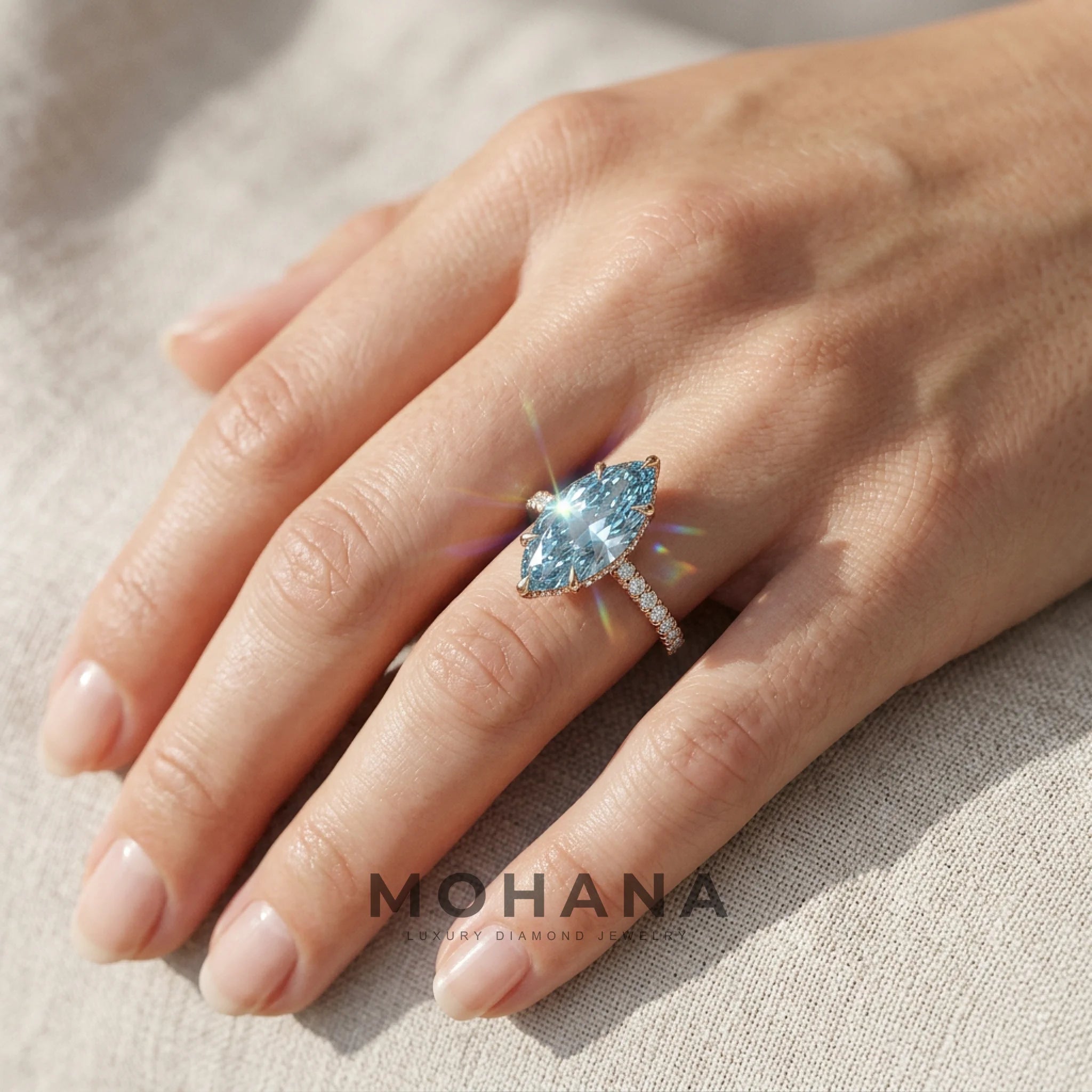 3 Carat Fancy Blue Marquise Hidden Halo Lab Grown Diamond Engagement Ring