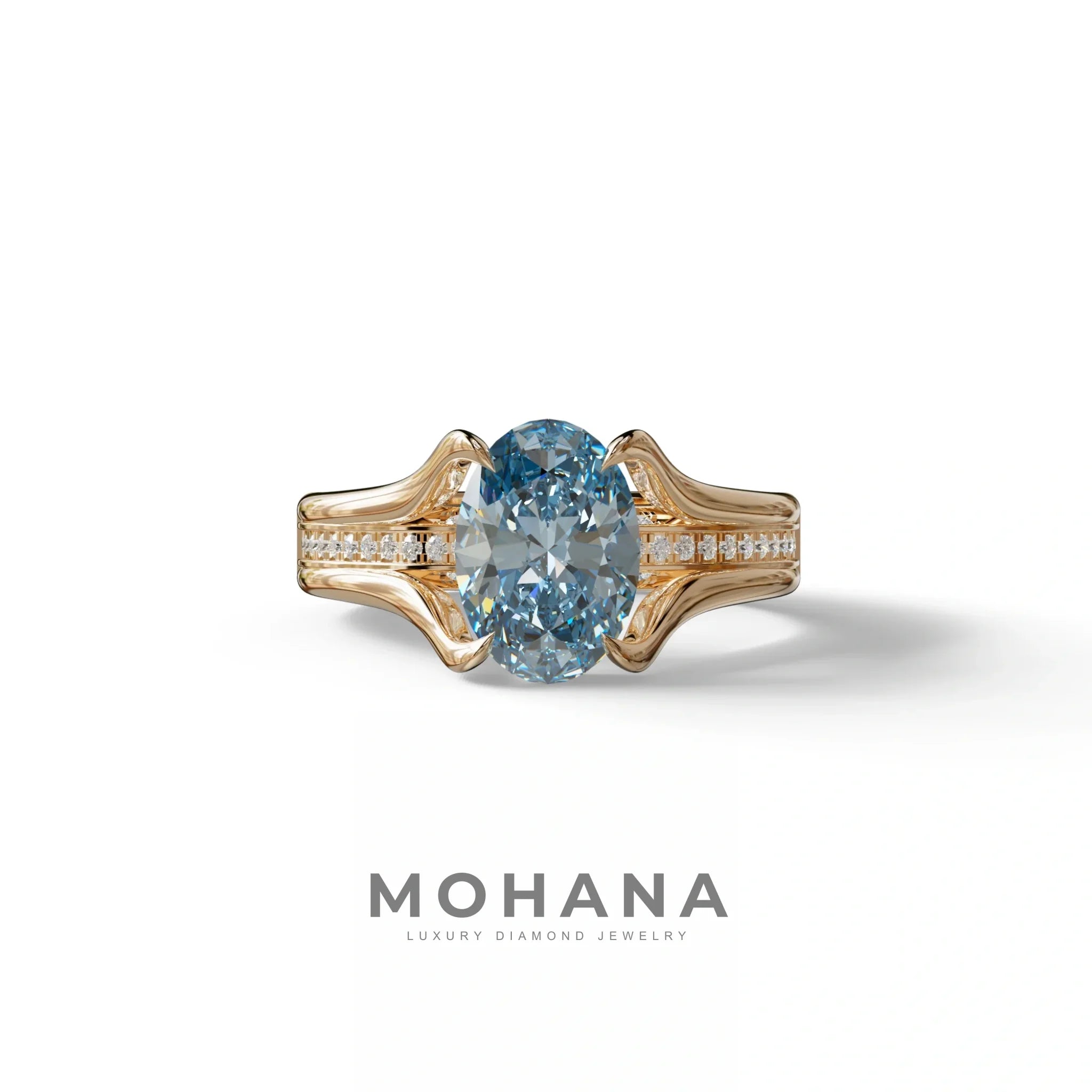 3 Carat Blue Oval Cut lab Diamond Engagement Ring Unique Design Ring- Beverly - 10K Solid Gold / Rose Gold
