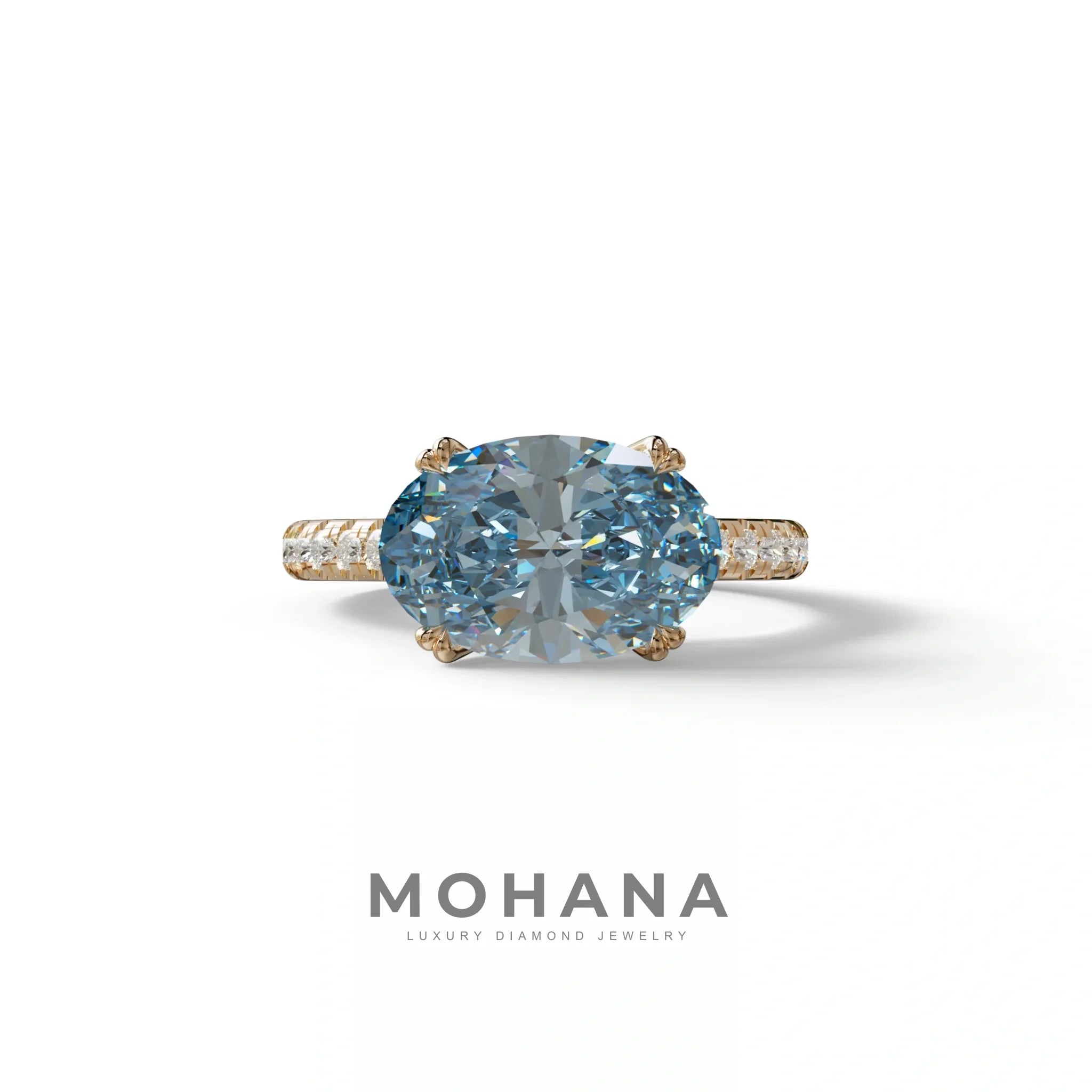 3 Carat Blue Color Oval Cut lab Grown Diamond Engagement Ring- Ellipse - 10K Solid Gold / Rose Gold