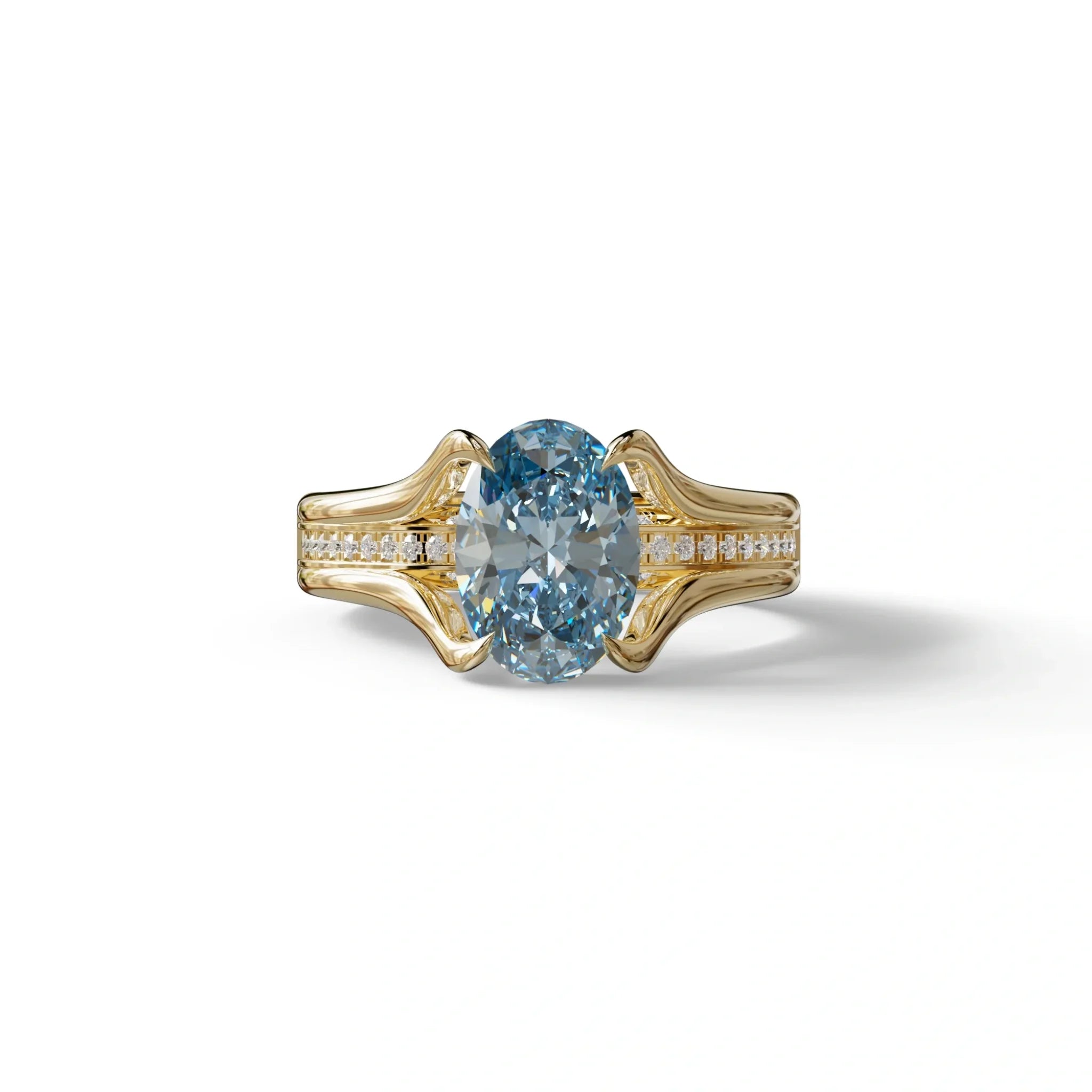 3 Carat Blue Oval Cut lab Diamond Engagement Ring Unique Design Ring- Beverly - 10K Solid Gold / Yellow Gold