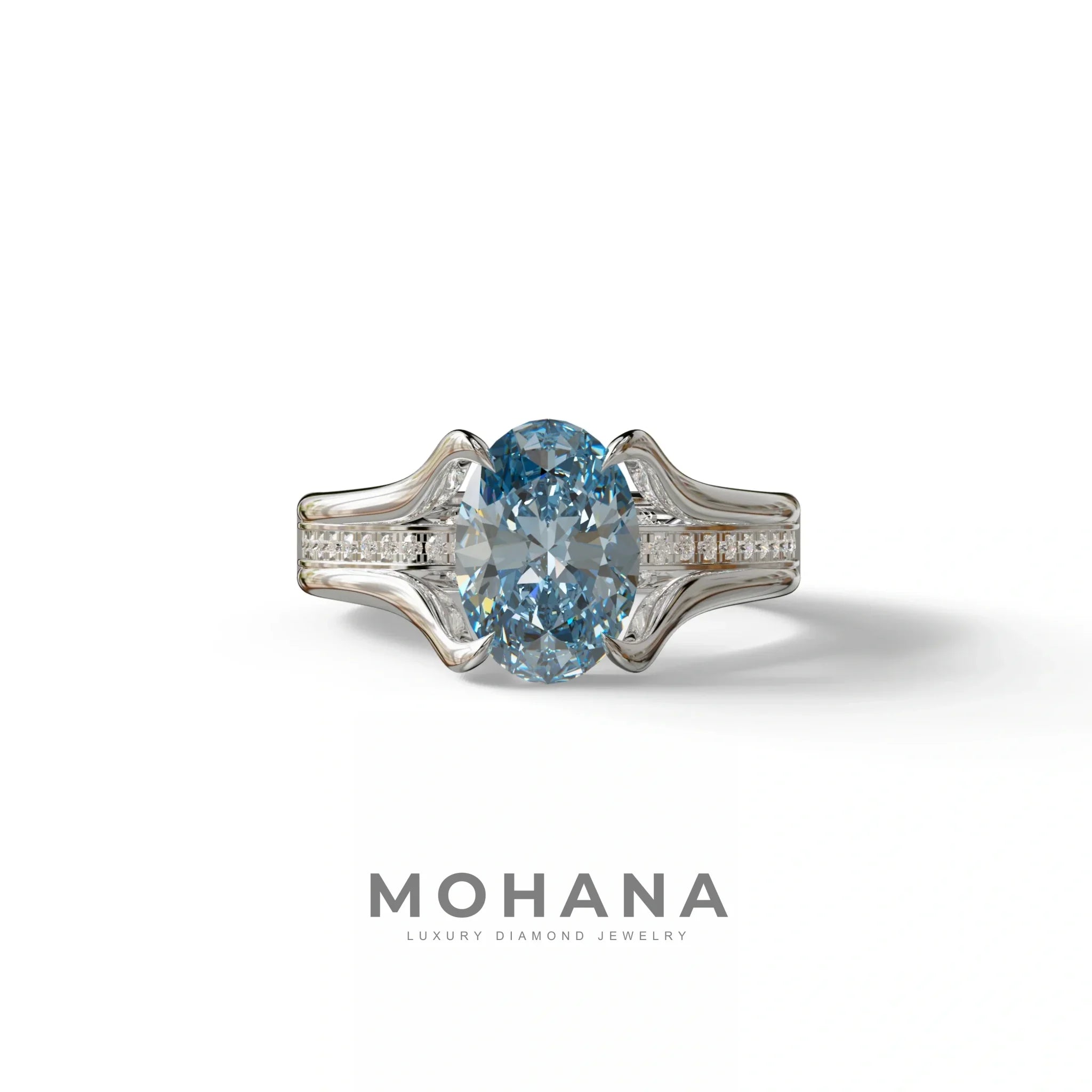 3 Carat Blue Oval Cut lab Diamond Engagement Ring Unique Design Ring- Beverly - 10K Solid Gold / White Gold