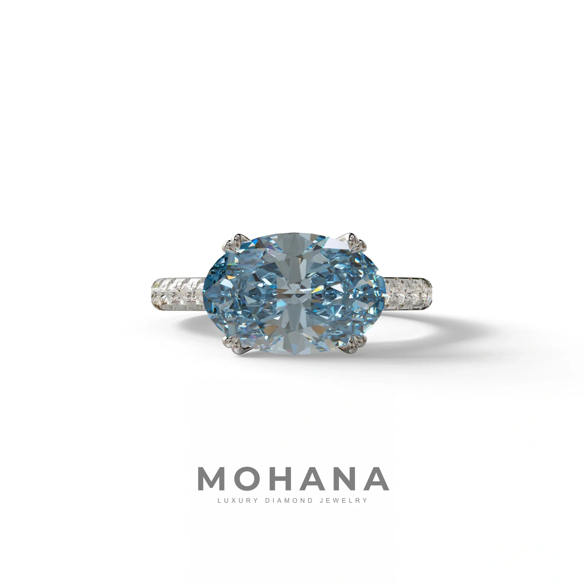3 Carat Blue Color Oval Cut lab Grown Diamond Engagement Ring- Ellipse - 10K Solid Gold / White Gold