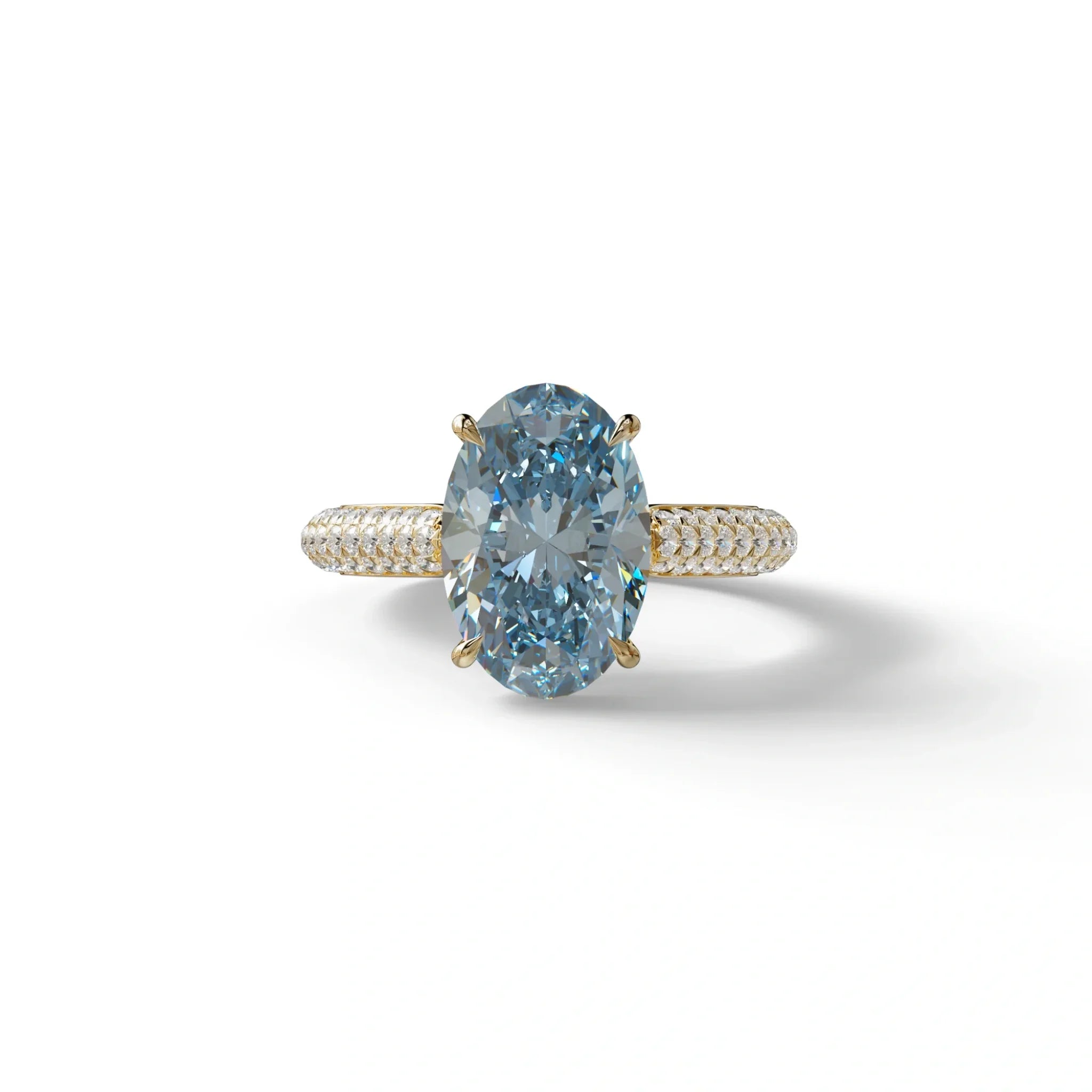 3 Carat Blue Oval Cut Hidden Halo & Pave Set Lab Diamond Engagement Ring - Viviana - 10K Solid Gold / Yellow Gold