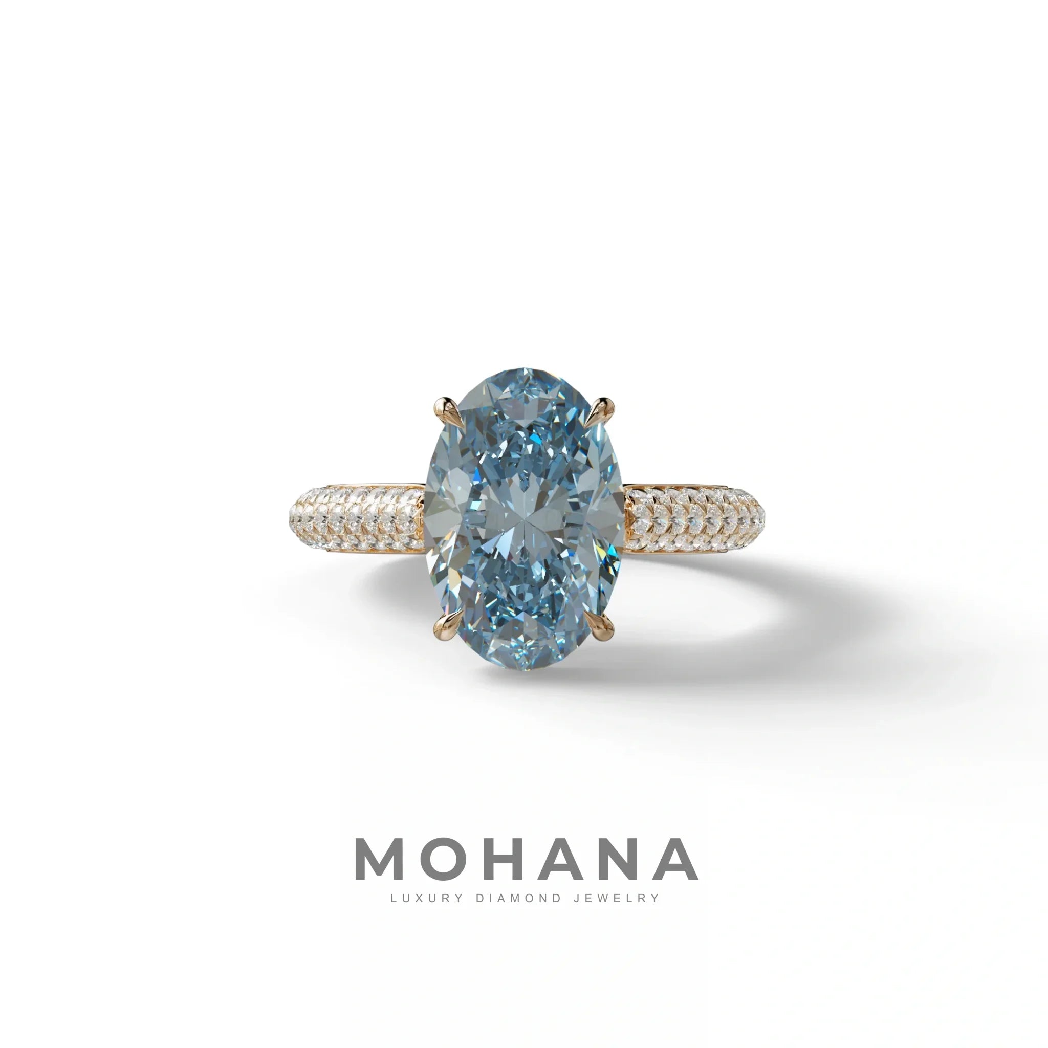 3 Carat Blue Oval Cut Hidden Halo & Pave Set Lab Diamond Engagement Ring - Viviana - 10K Solid Gold / Rose Gold