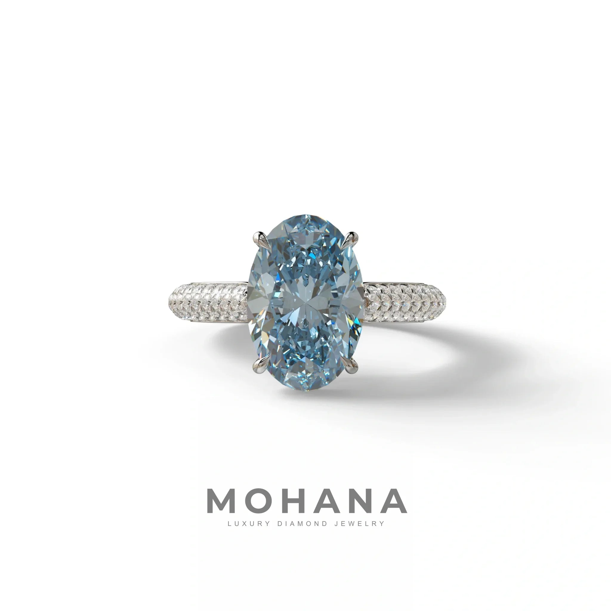 3 Carat Blue Oval Cut Hidden Halo & Pave Set Lab Diamond Engagement Ring - Viviana - 10K Solid Gold / White Gold