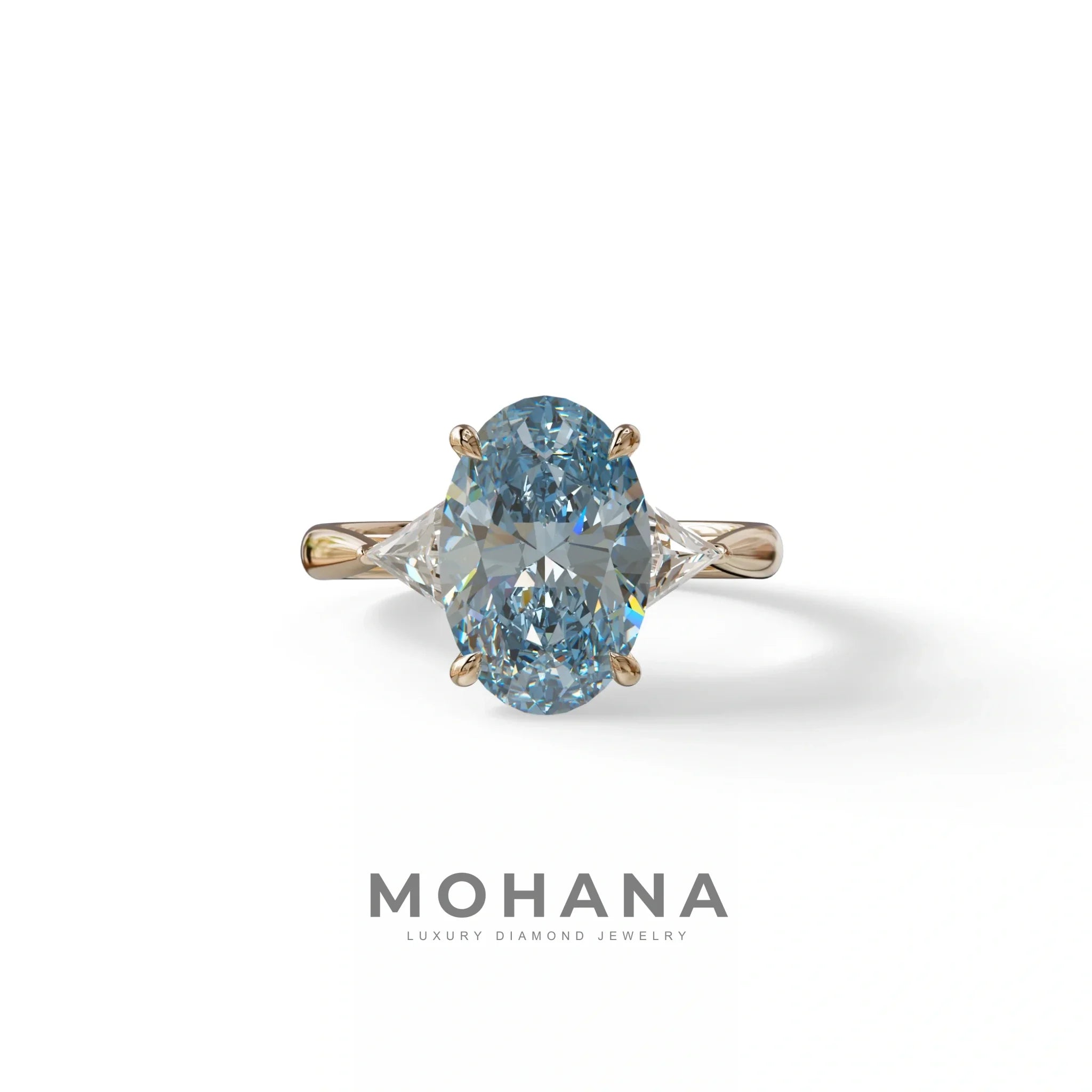3Ct Blue Oval Cut Lab Grown Diamond Three Stone Engagement Ring - Myza - 10K Solid Gold / Rose Gold