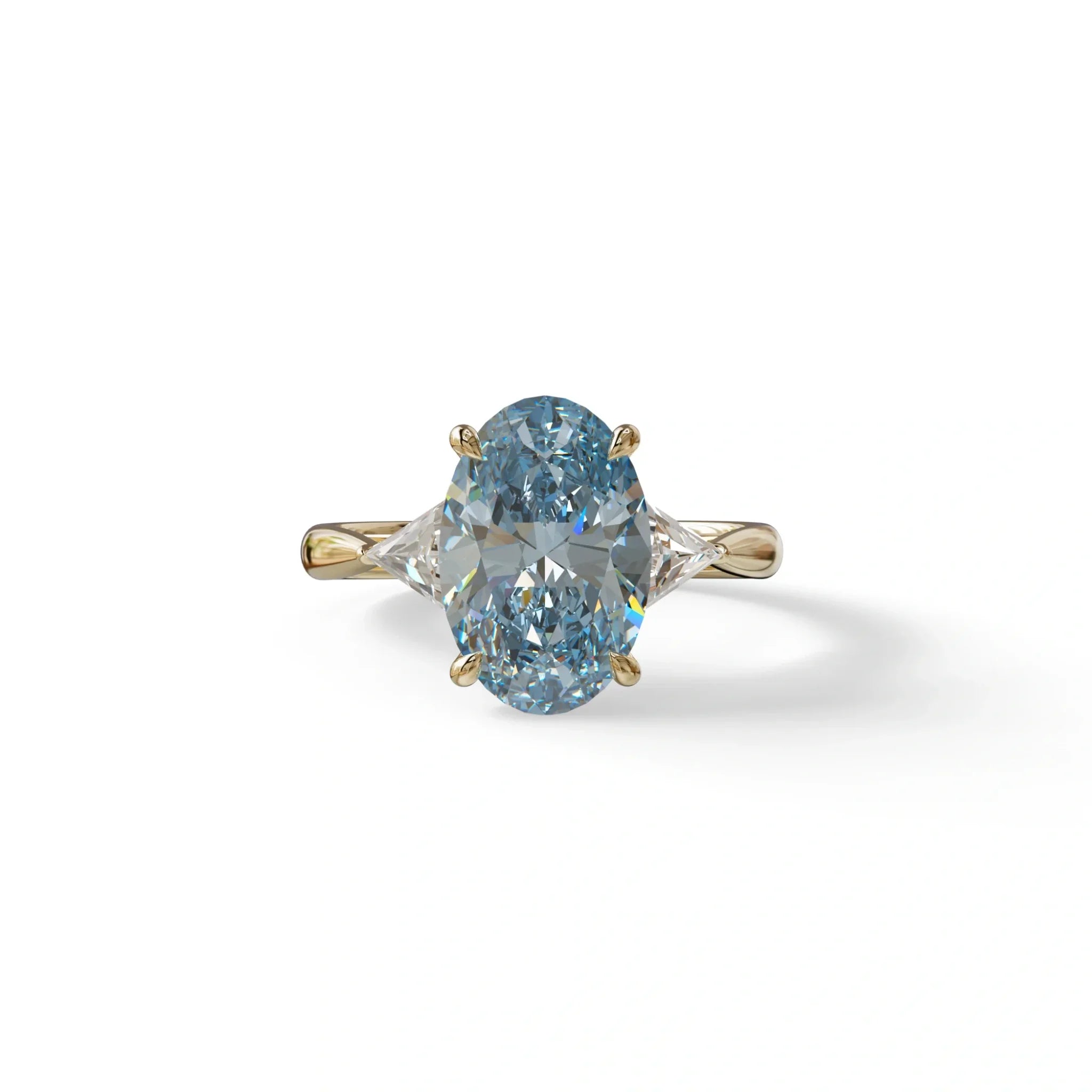 3Ct Blue Oval Cut Lab Grown Diamond Three Stone Engagement Ring - Myza - 10K Solid Gold / Yellow Gold