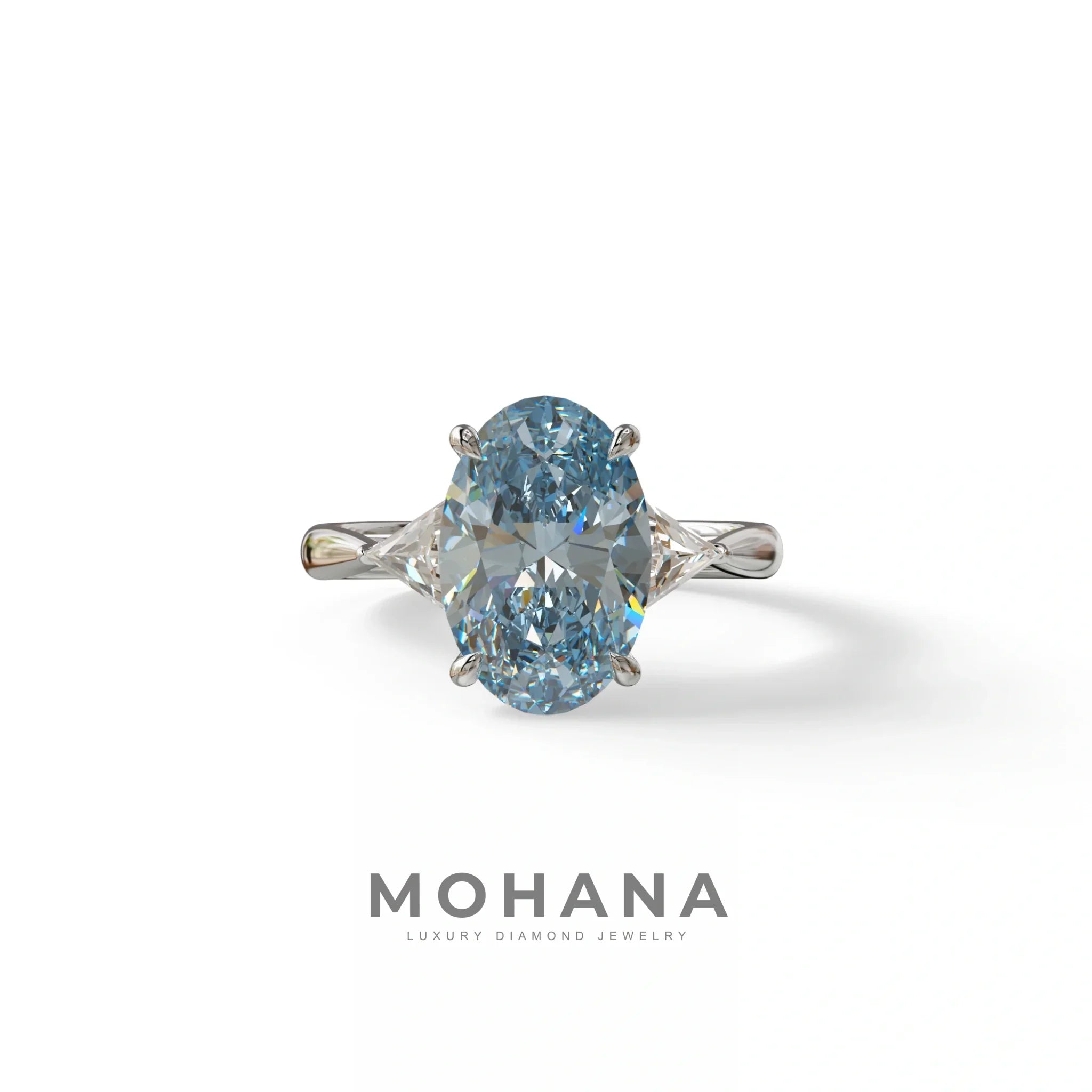 3Ct Blue Oval Cut Lab Grown Diamond Three Stone Engagement Ring - Myza - 10K Solid Gold / White Gold
