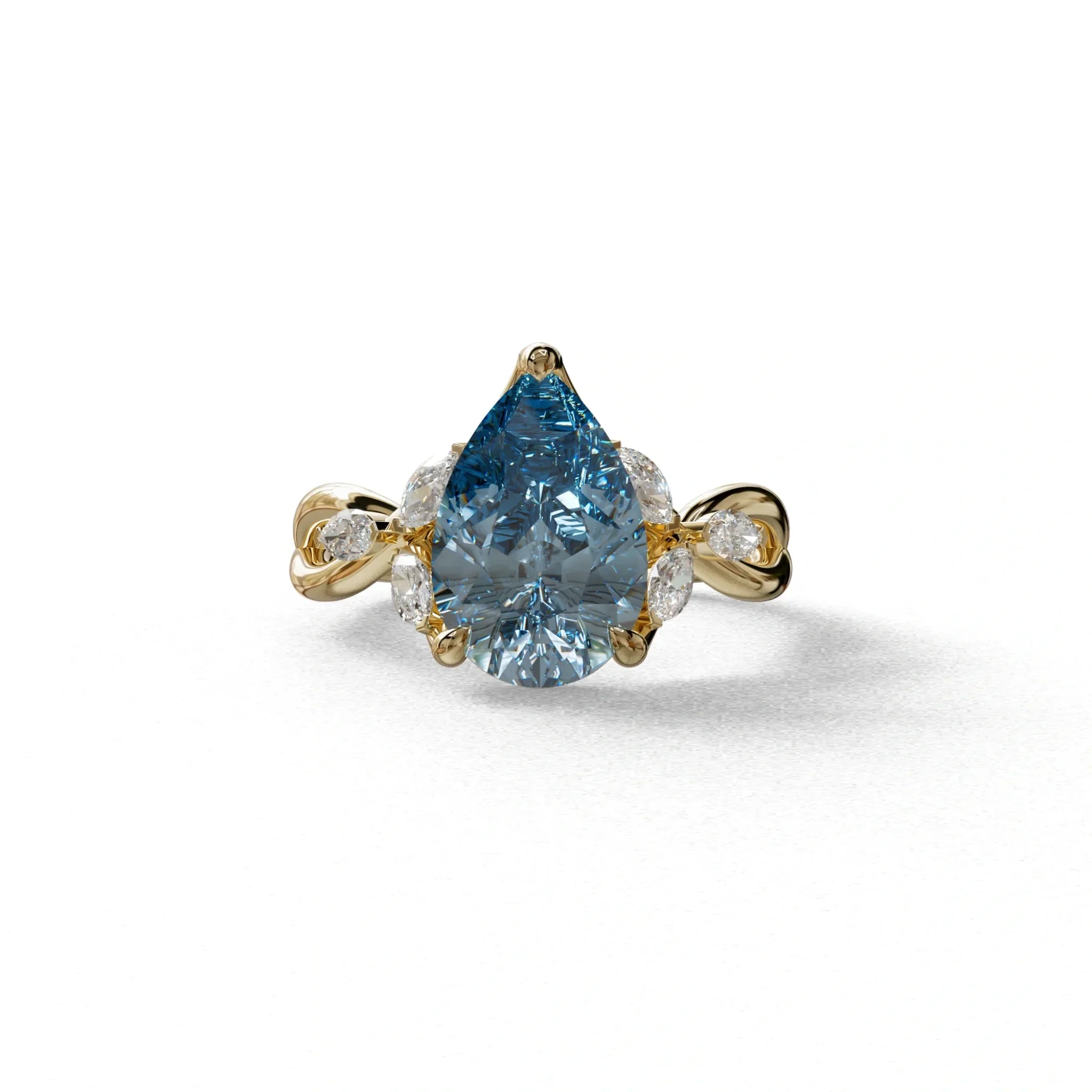3 Carat Blue Pear Cut Cluster-Vintage Setting Lab Grown Diamond Ring - Celena - 10K Solid Gold / Yellow Gold