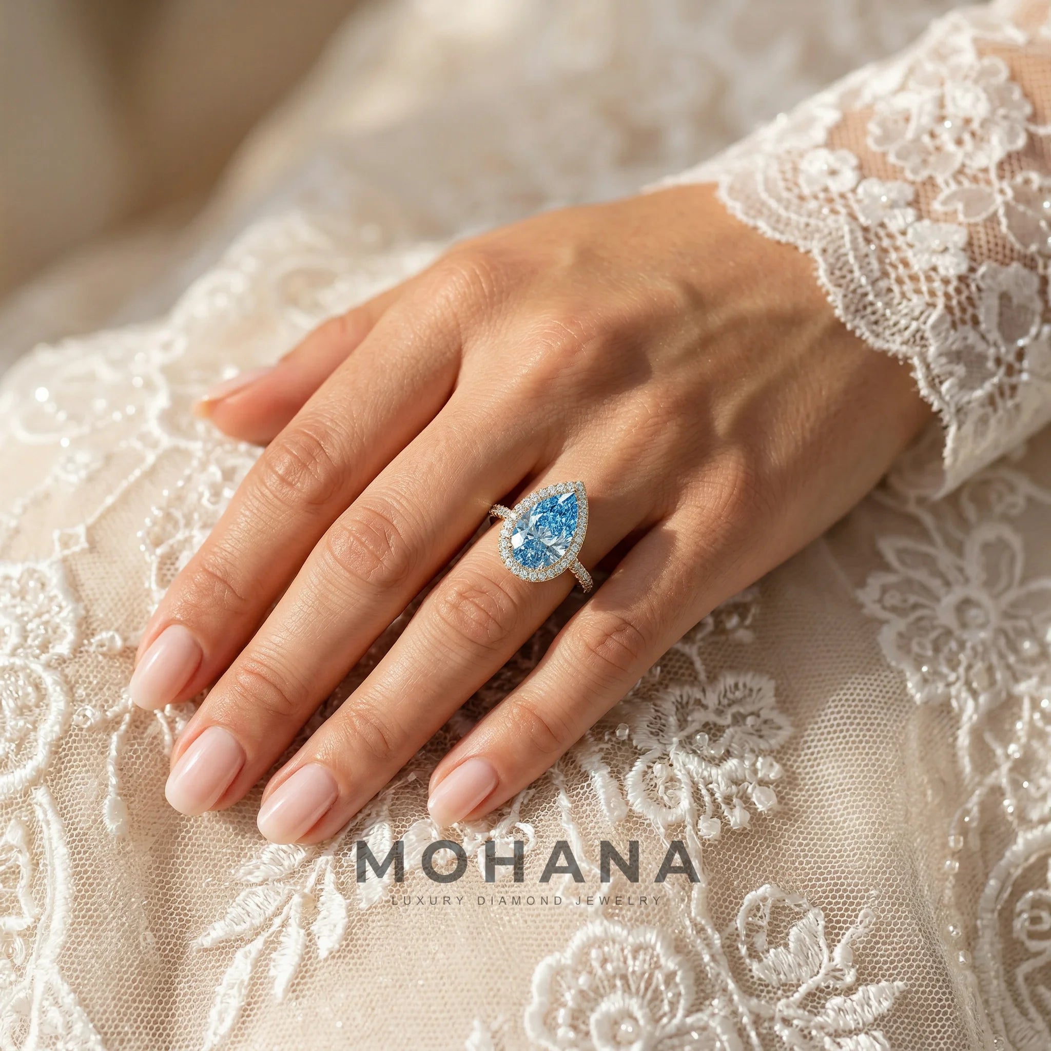 3ct Fancy Blue Pear Cut Halo & Pave Lab Grown Diamond Engagement Ring - Madona