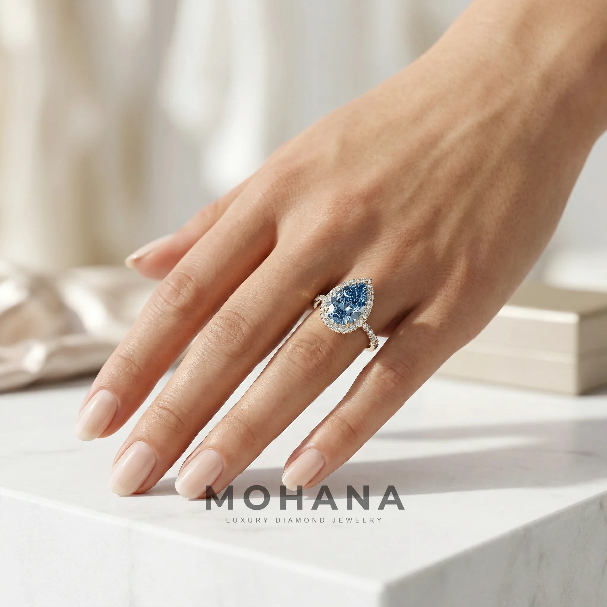 3ct Fancy Blue Pear Cut Halo & Pave Lab Grown Diamond Engagement Ring - Madona