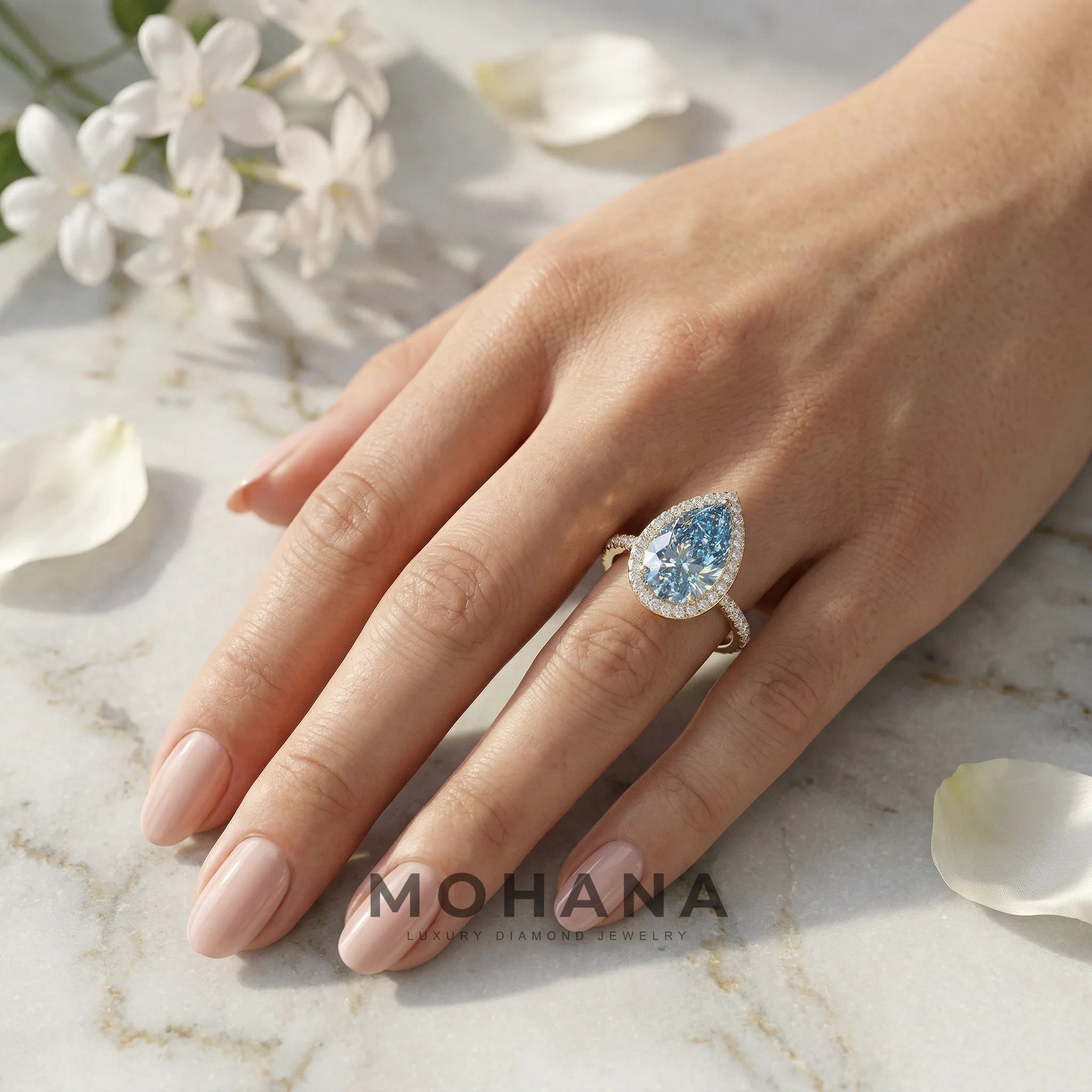 3ct Fancy Blue Pear Cut Halo & Pave Lab Grown Diamond Engagement Ring - Madona