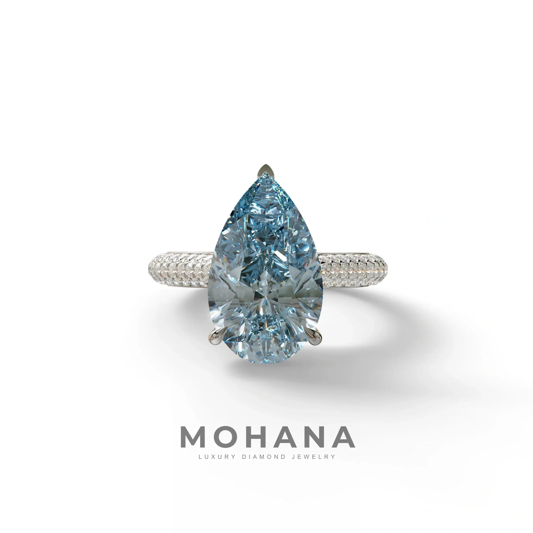 3 Carat Blue Pear Shaped Hidden Halo Lab Diamond Engagement Ring - Alina - 10K Solid Gold / White Gold