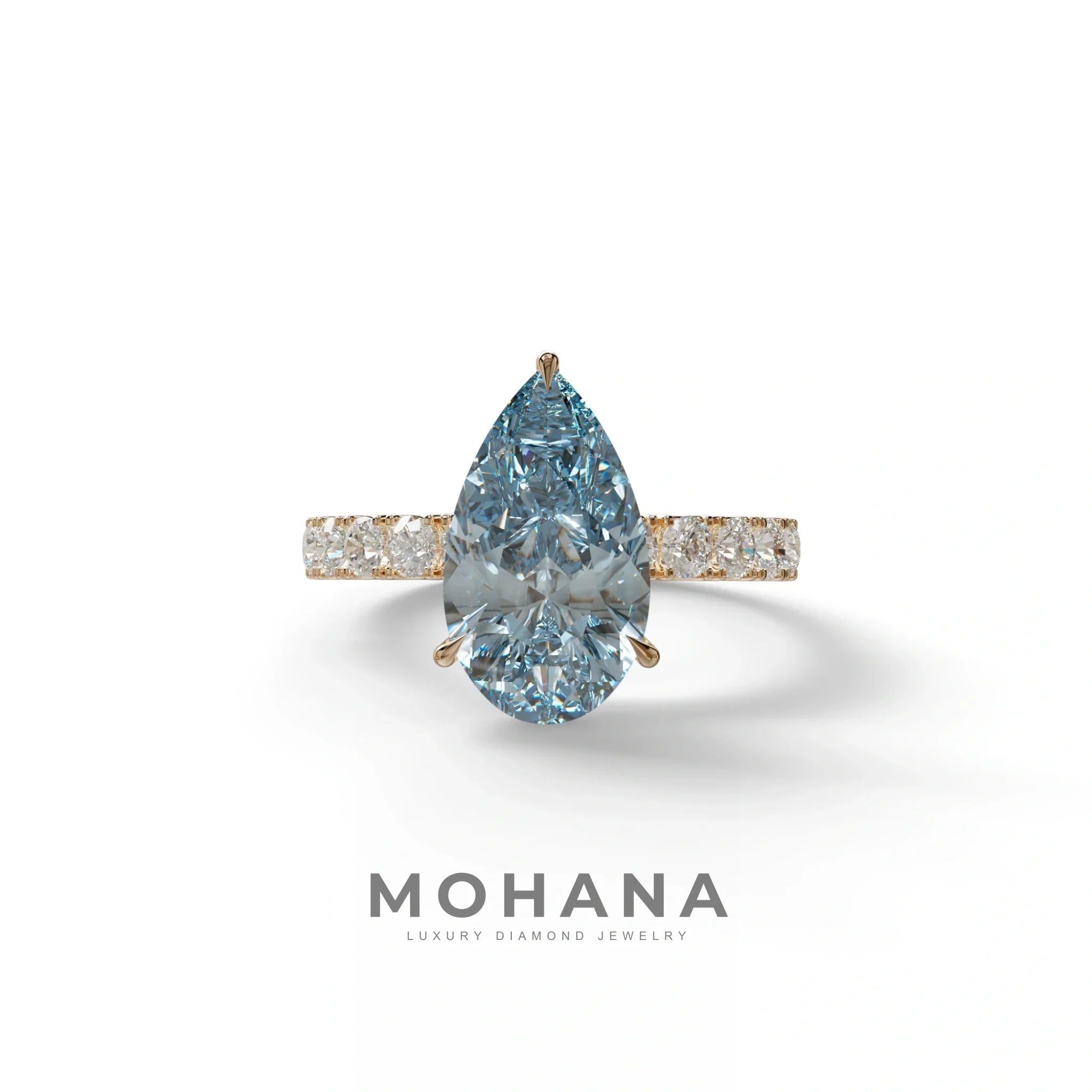 3 Carat Vivid Blue Pear cut Lab Grown Diamond Engagement Ring | Pave & Hidden Halo Diamond- Feesia - 10K Solid Gold
