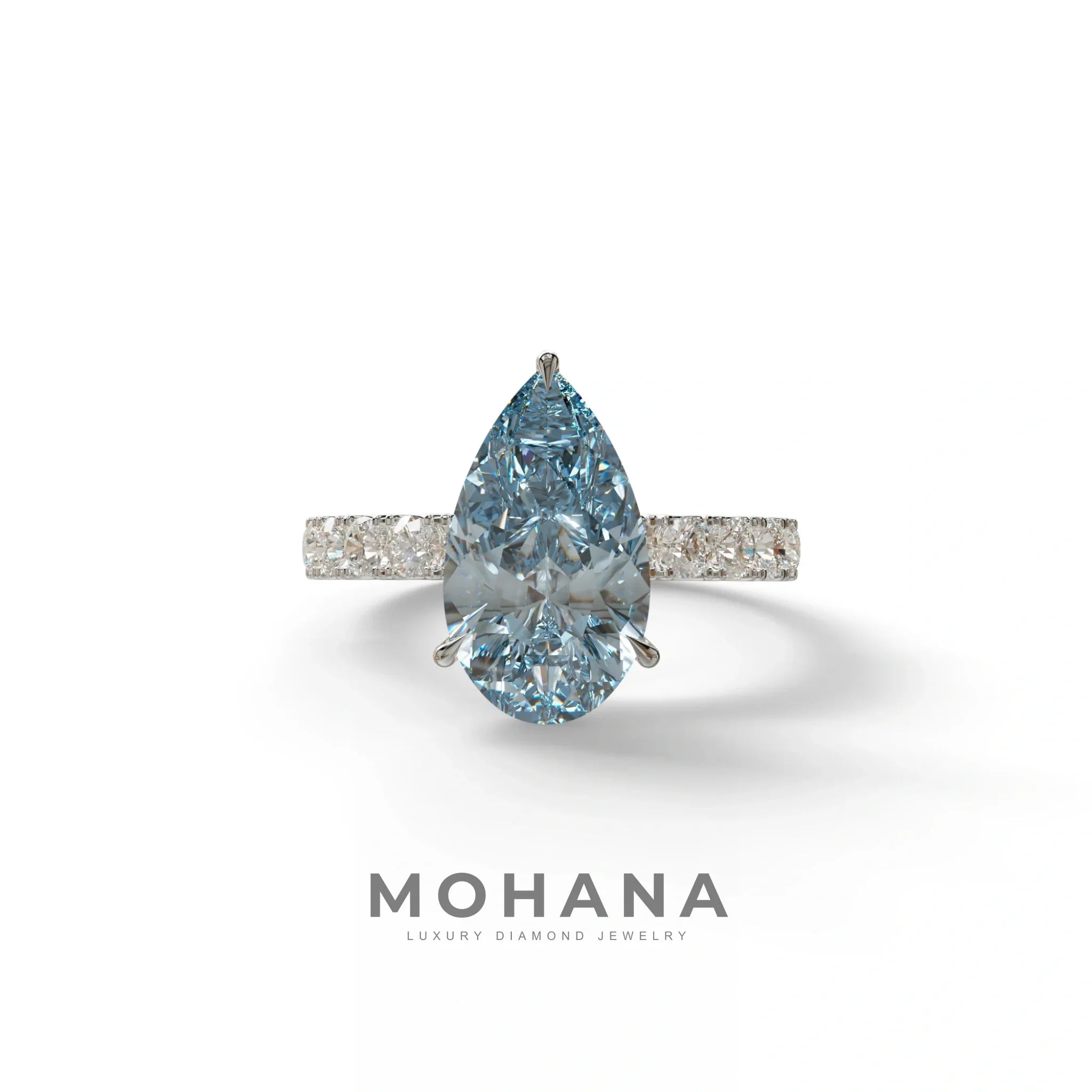 3 Carat Vivid Blue Pear cut Lab Grown Diamond Engagement Ring | Pave & Hidden Halo Diamond- Feesia - 10K Solid Gold