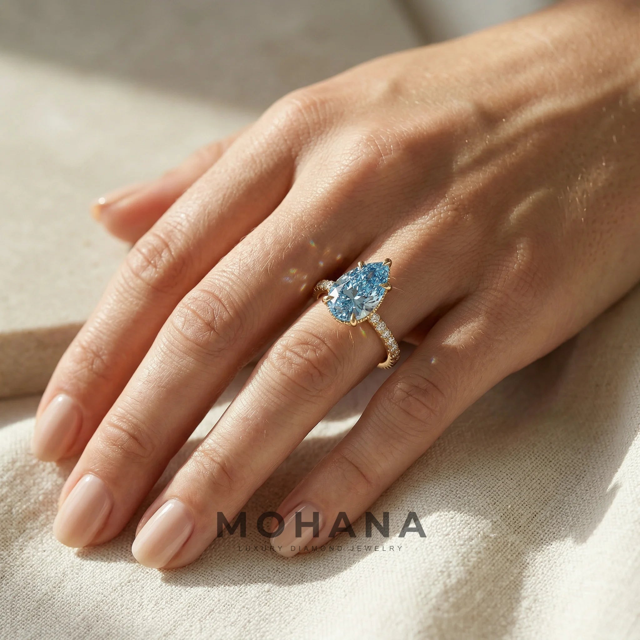 3 Carat Fancy Blue Pear Cut Hidden Halo Lab Grown Diamond Engagement Ring