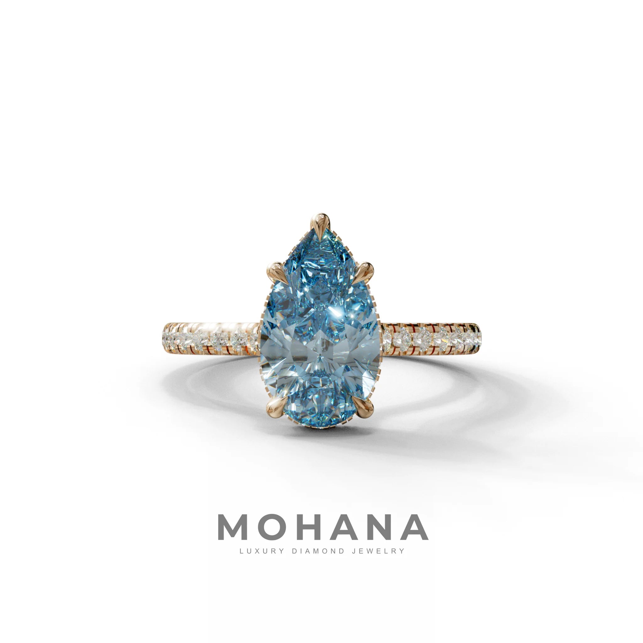 3 Carat Blue Pear Cut Hidden Halo & Pave Set Lab Diamond Ring - Eblouissant - 10K Solid Gold / Rose Gold