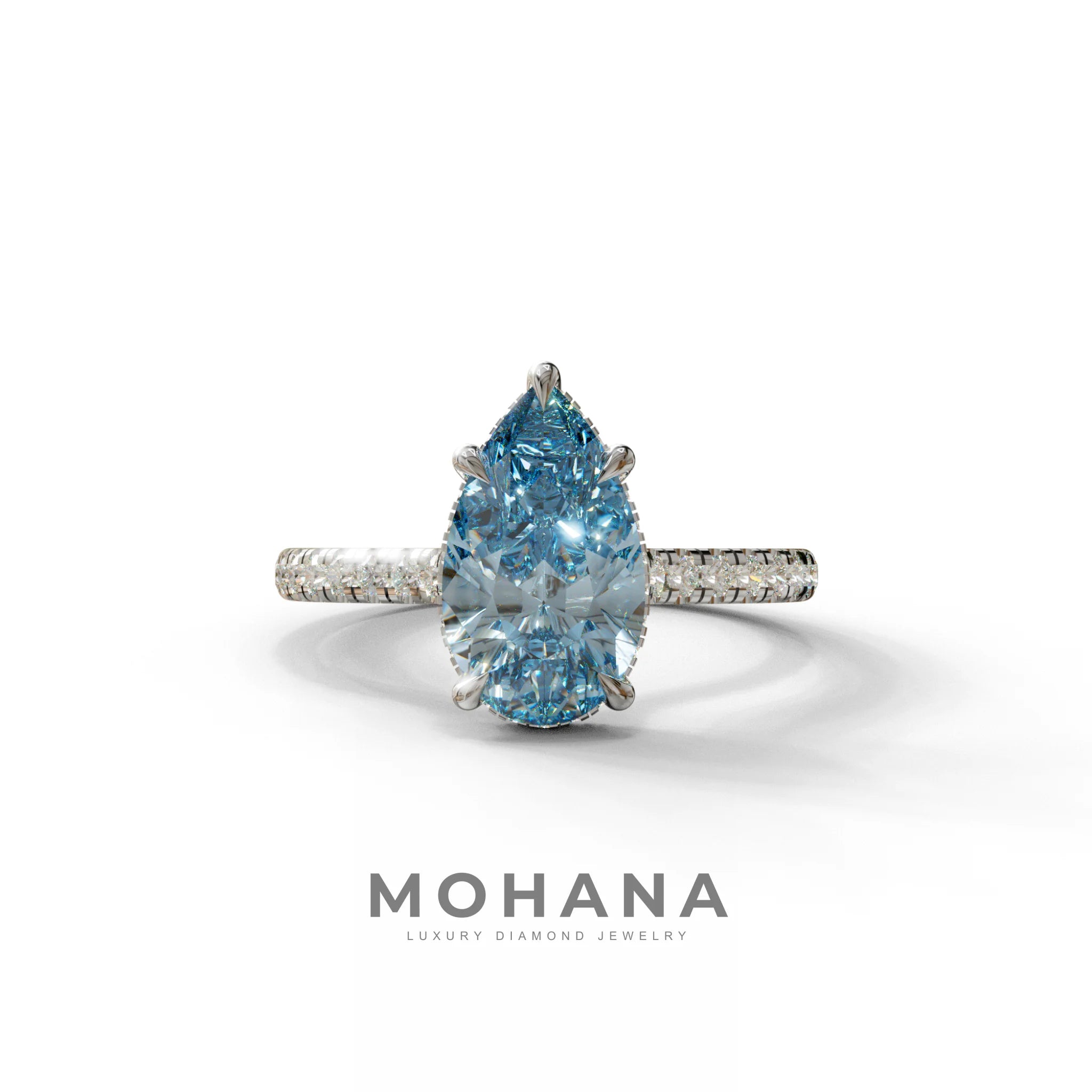 3 Carat Blue Pear Cut Hidden Halo & Pave Set Lab Diamond Ring - Eblouissant - 10K Solid Gold / White Gold