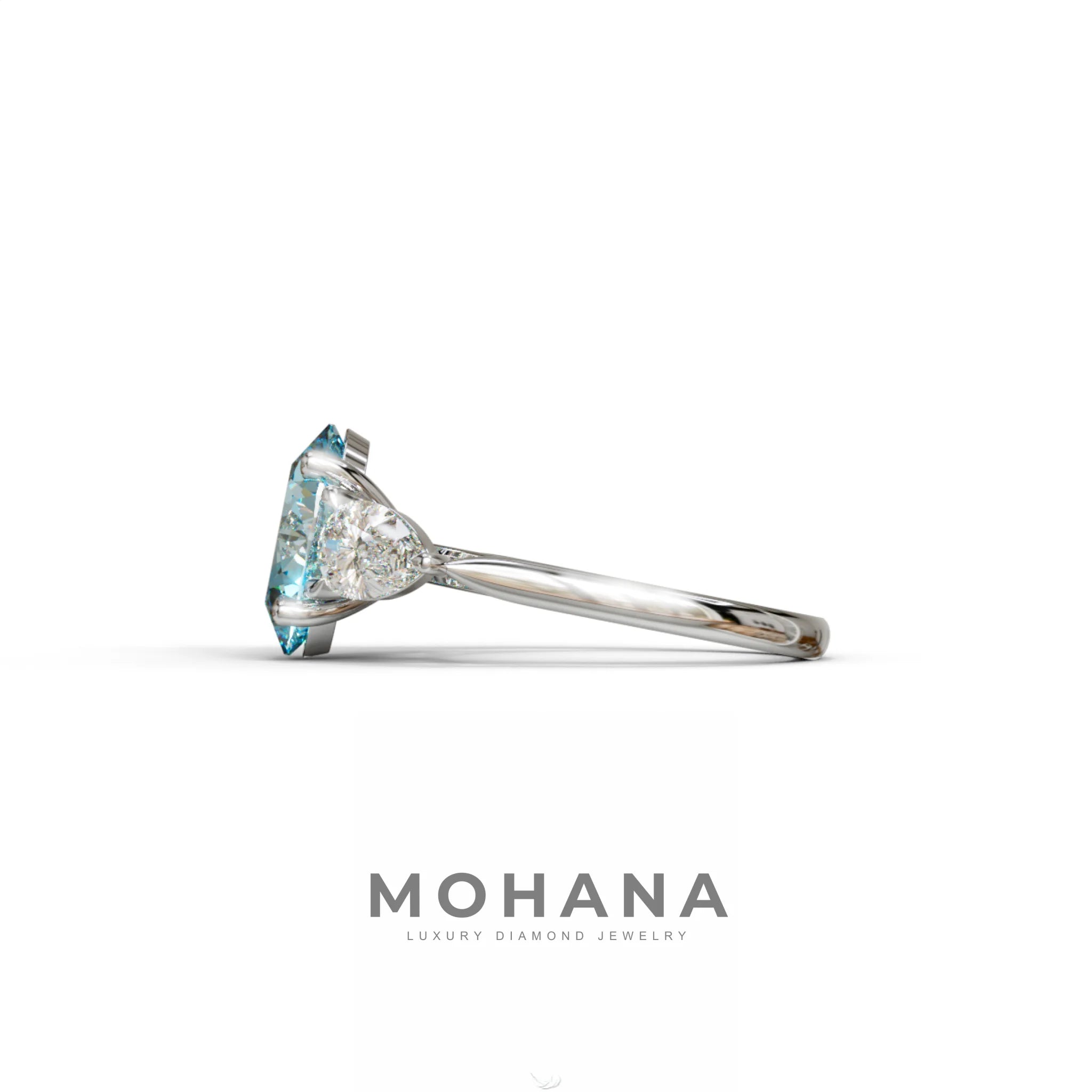3 Carat Blue Oval Lab Grown Diamond Engagement Ring – Three Stone Pear Cut Setting