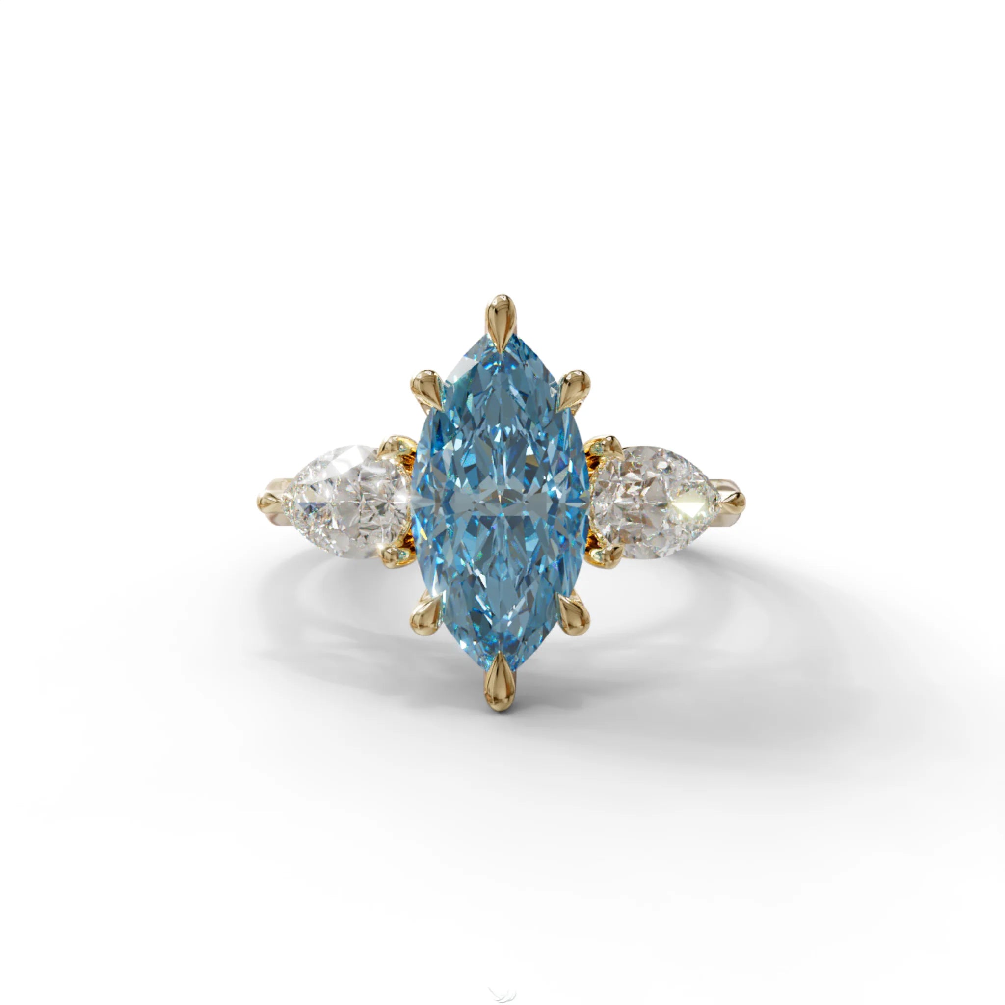 3 Carat Fancy Blue Marquise & Pear Cut Three Stone Lab Grown Diamond Engagement Ring - 10K Solid Gold / Yellow Gold