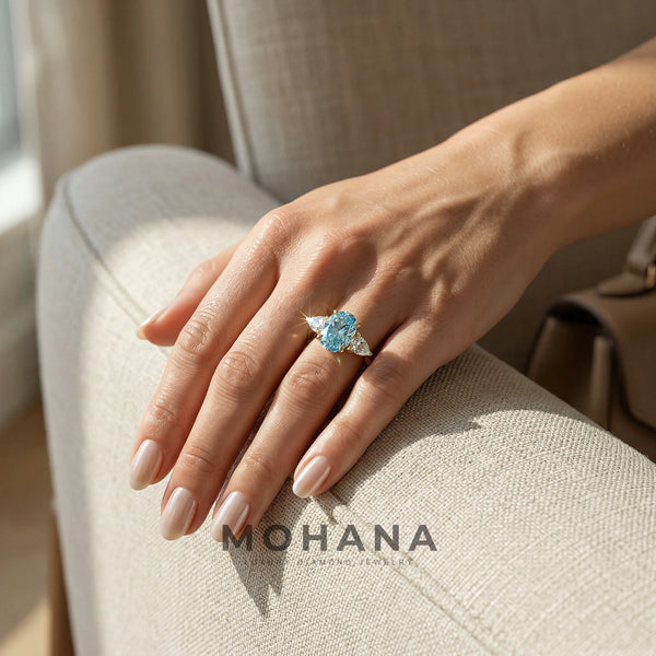 3 Carat Blue Lab Grown Diamond Engagement Ring – Pear Cut Three Stone alternate view