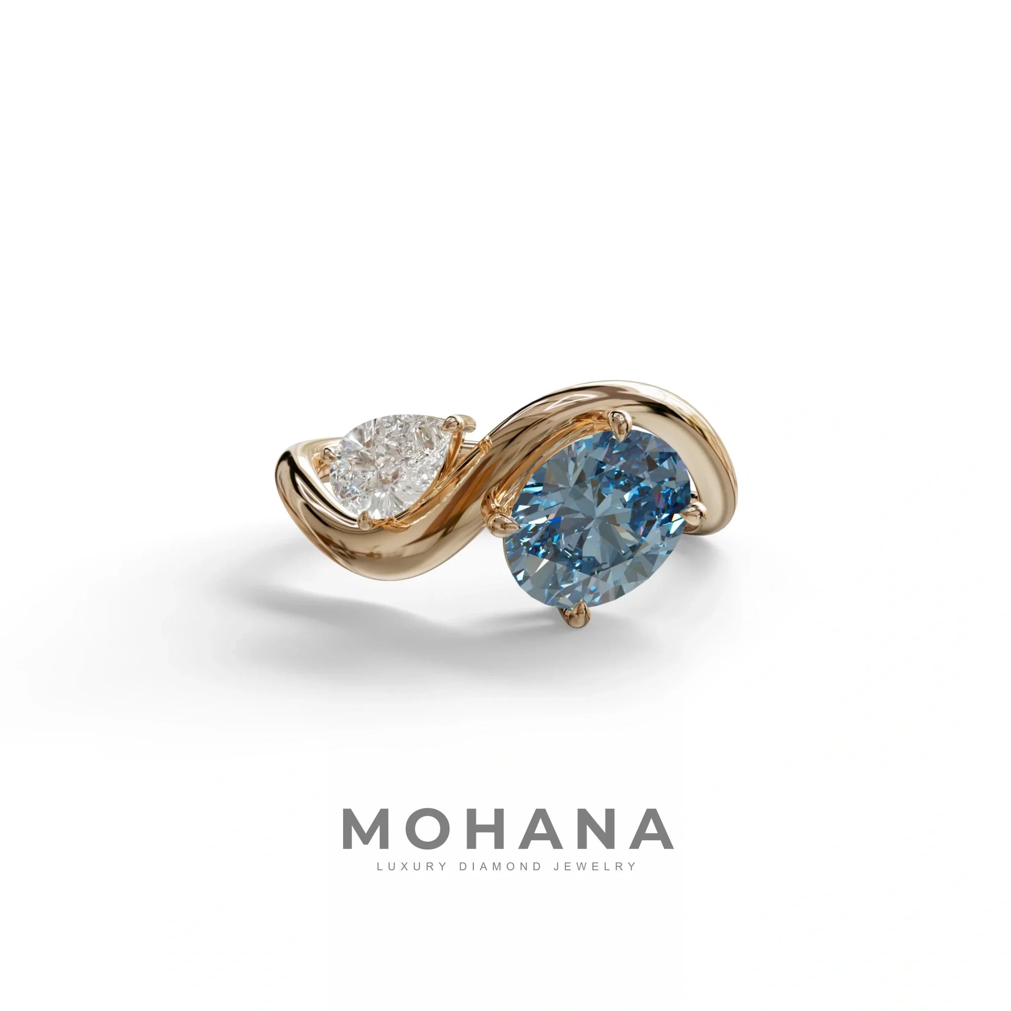 3 Carat Blue Oval and Pear Cut Lab Diamond Engagement Ring - Toi Et Moi - 10K Solid Gold / Rose Gold