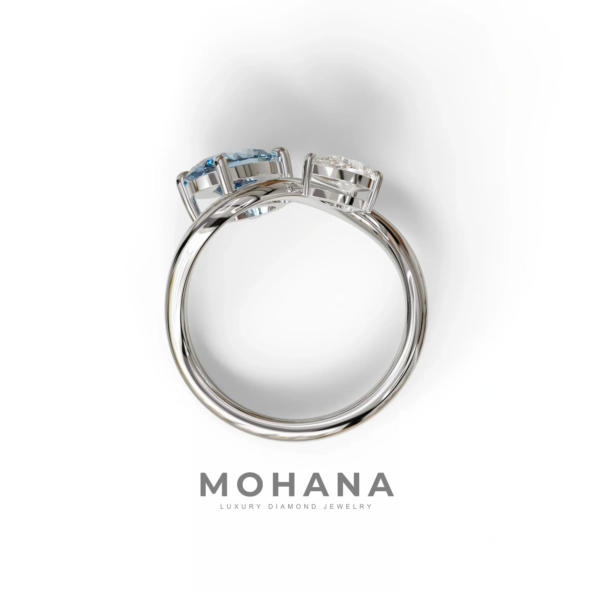 3 Carat Blue Oval and Pear Cut Lab Diamond Engagement Ring - Toi Et Moi