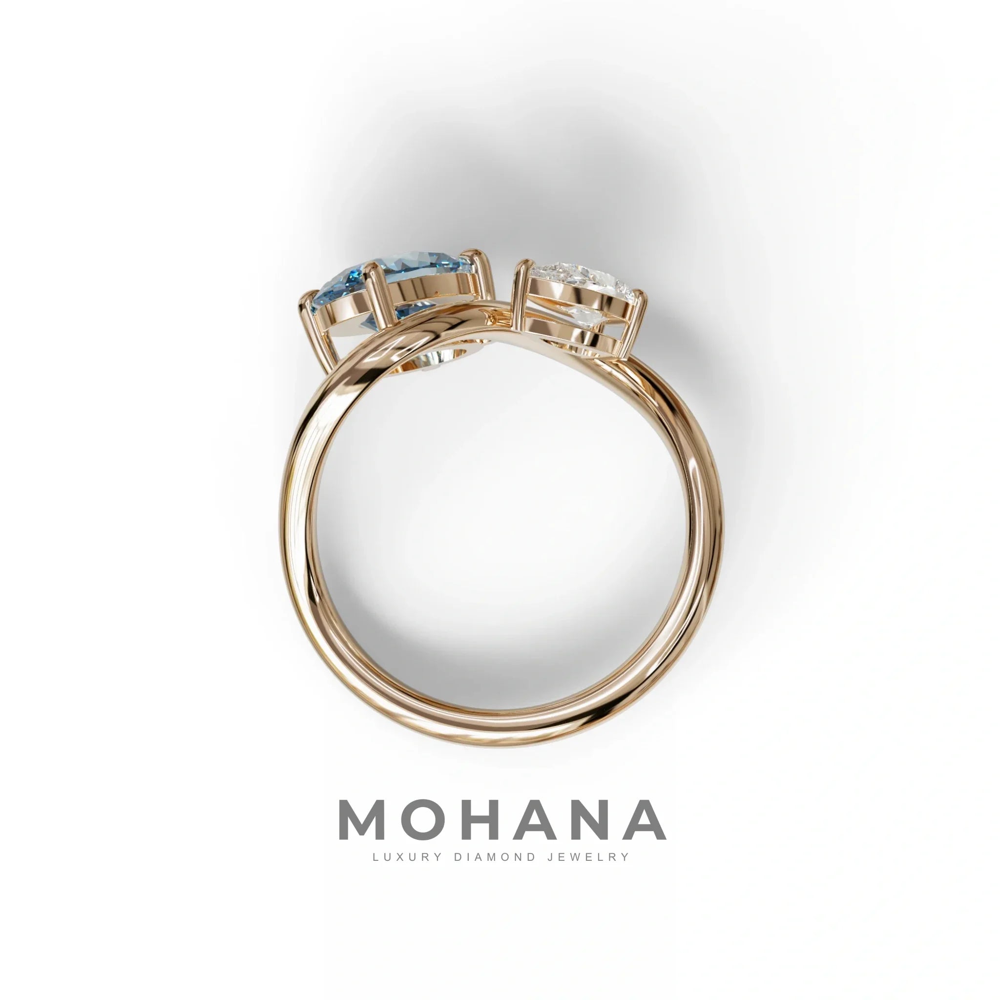 3 Carat Blue Oval and Pear Cut Lab Diamond Engagement Ring - Toi Et Moi