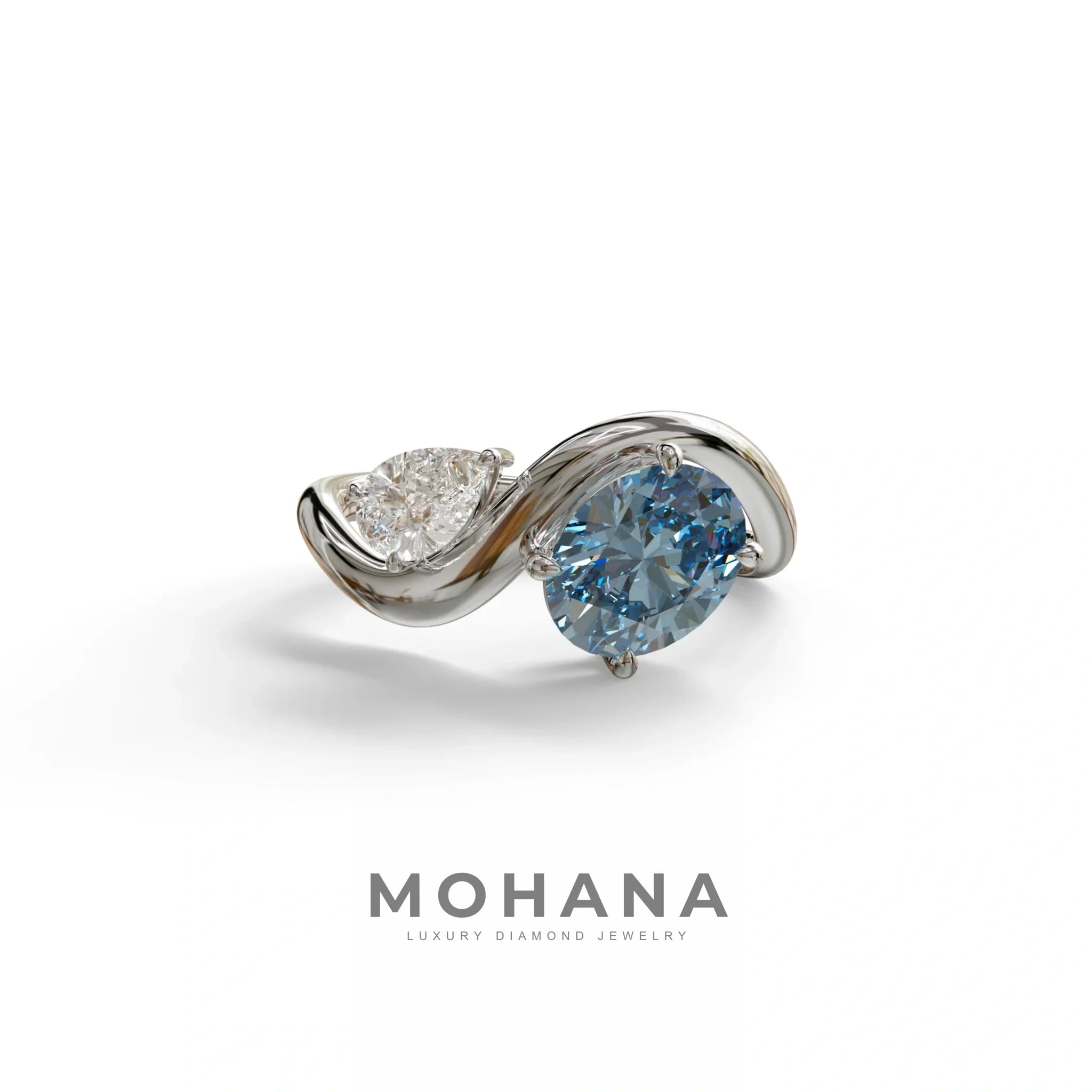 3 Carat Blue Oval and Pear Cut Lab Diamond Engagement Ring - Toi Et Moi - 10K Solid Gold / White Gold