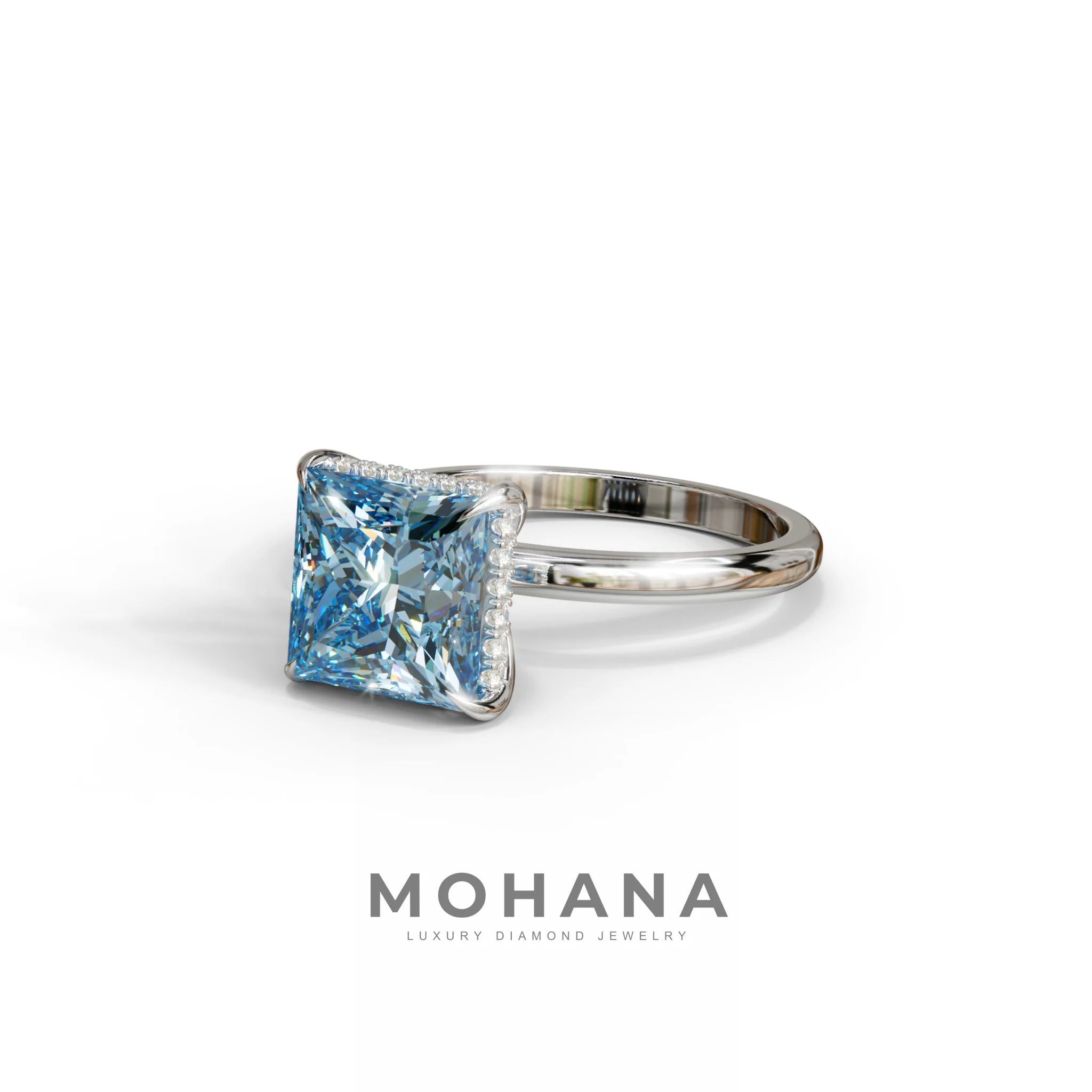3 Carat Princess Cut Blue Lab Diamond Hidden Halo Engagement Ring