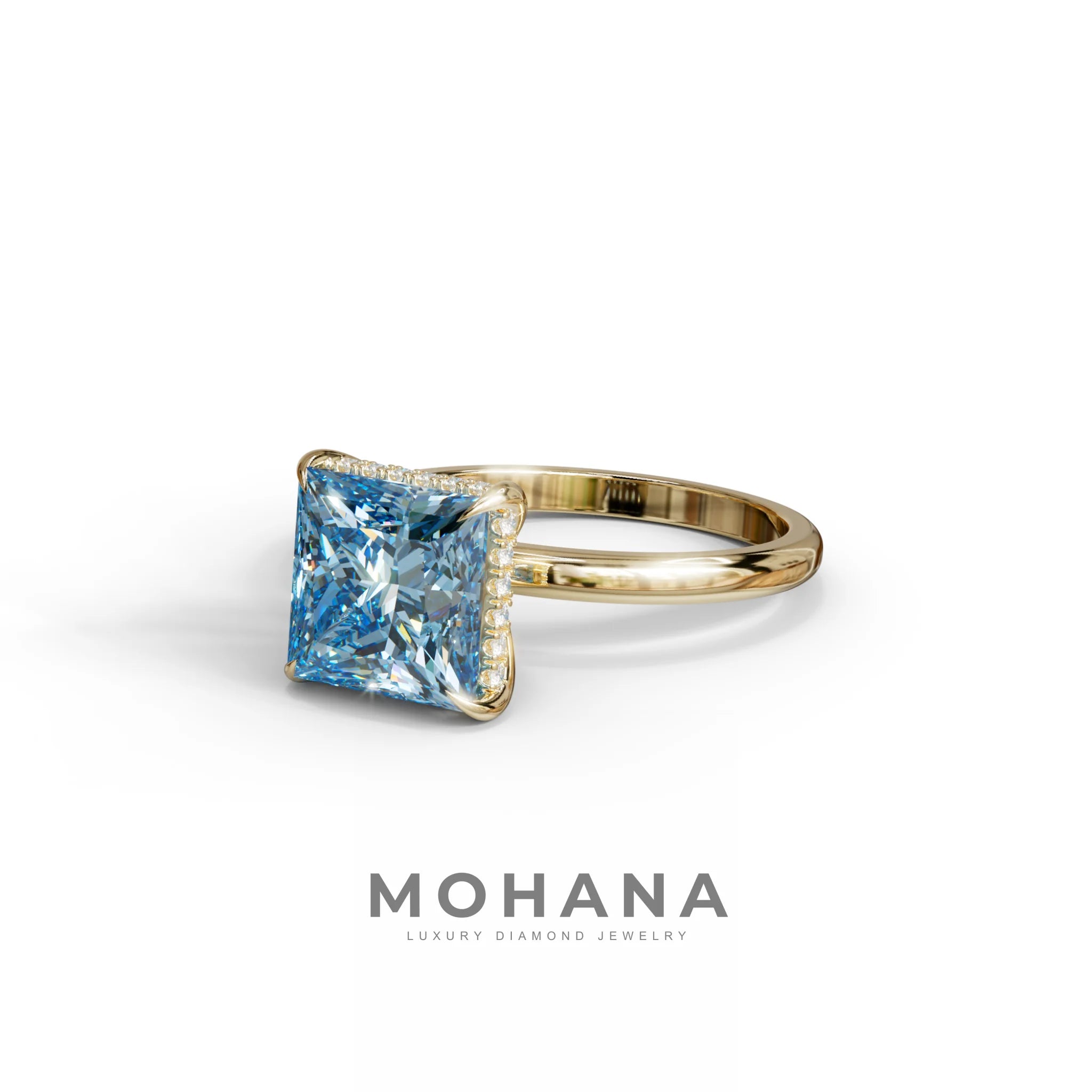3 Carat Princess Cut Blue Lab Diamond Hidden Halo Engagement Ring